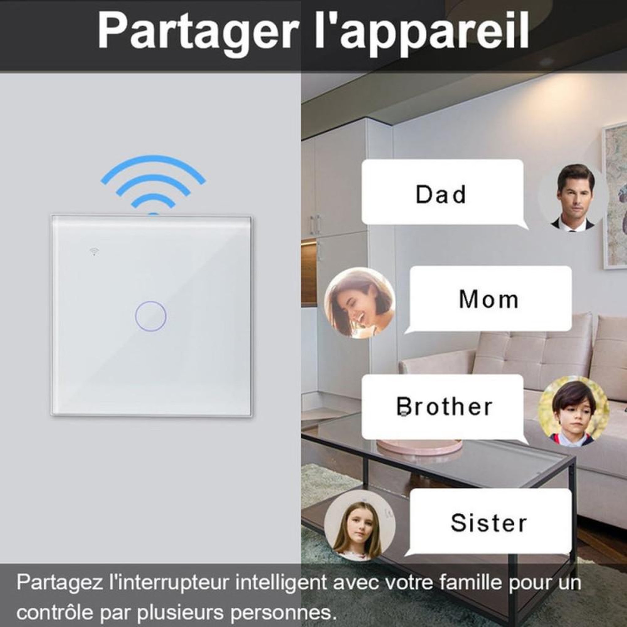 Voir la diapositive 5 : Interrupteur mural Wi‑Fi encastrable 1 voie tactile avec verre trempé blanc, panneau tactile capacitif, compatible Alexa et Google, Tuya/Smart Life