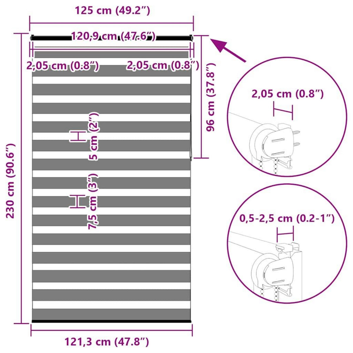 VIDAXL Store zebre gris fonce largeur du tissu 120,9 cm polyester