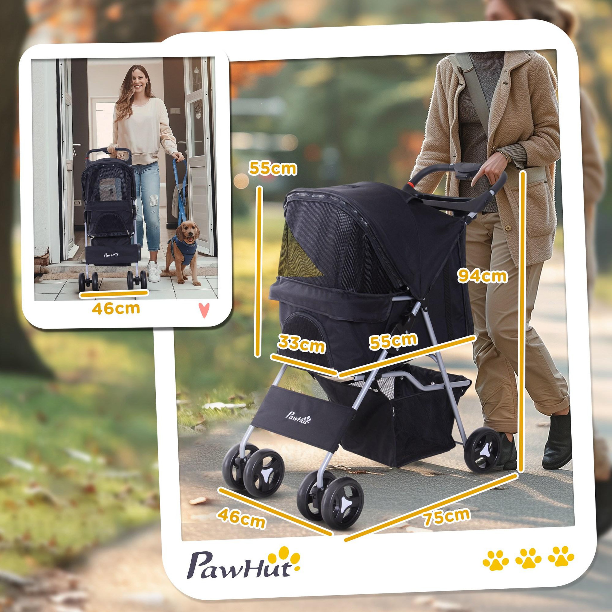 Voir la diapositive 3 : PAWHUT Poussette buggy pour chiens 75l x 46l x 94h cm pliable imperméable tissu 600d oxford 4 roues noir