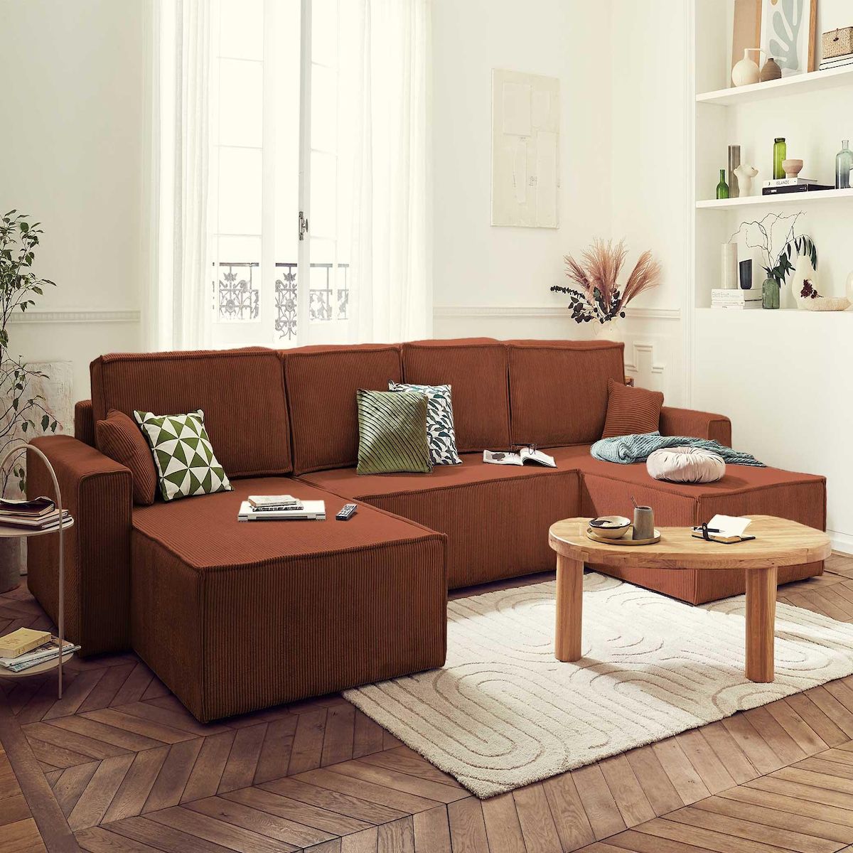 BEST MOBILIER Dellia - canapé panoramique en u - 7 places - convertible - avec coffre - en velours côtelé