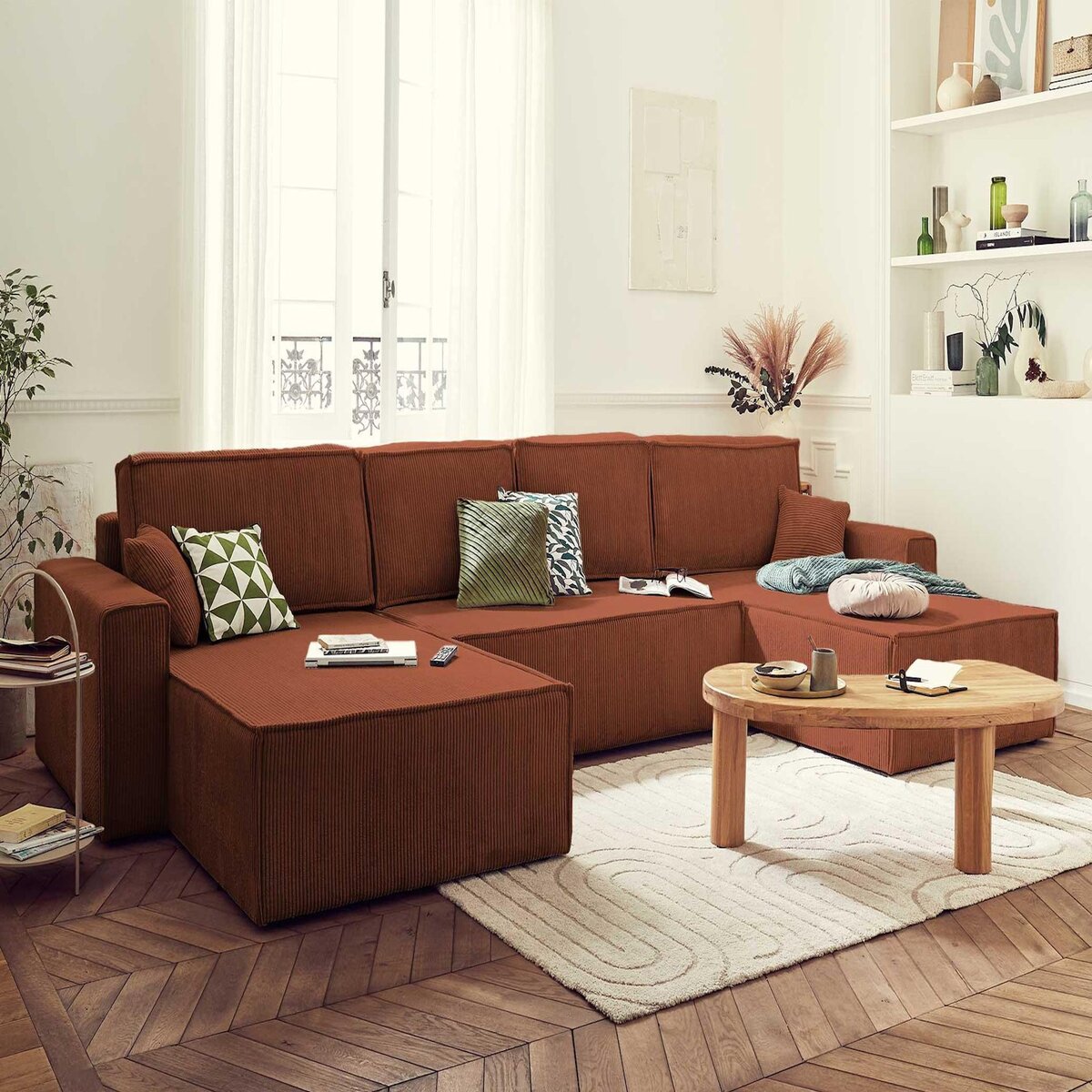 BEST MOBILIER Dellia - canapé panoramique en u - 7 places - convertible - avec coffre - en velours côtelé