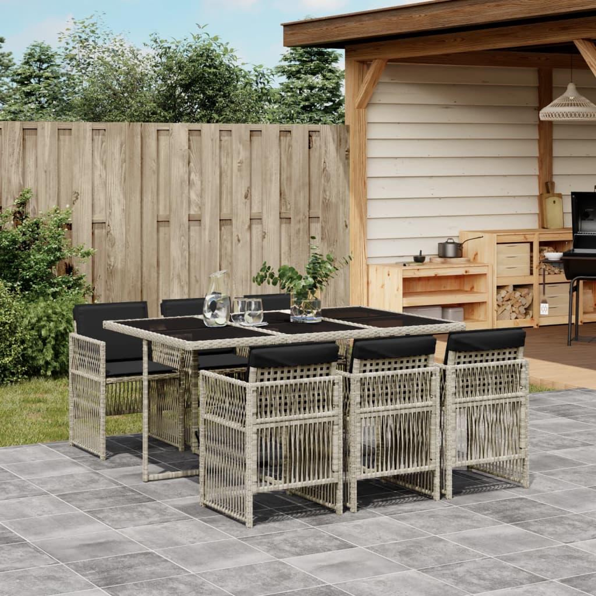 VIDAXL Ensemble a manger de jardin et coussins 7 pcs gris clair rotin