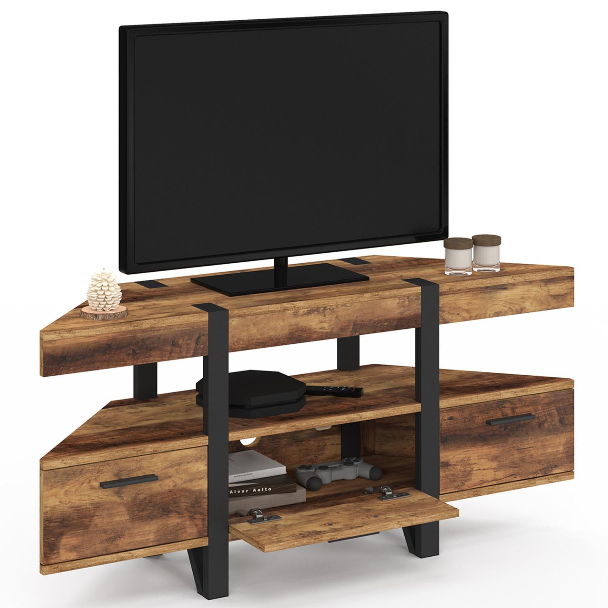 Voir la diapositive 4 : ID MARKET Meuble tv 110 cm d'angle austria bois pied épingle avec tiroirs