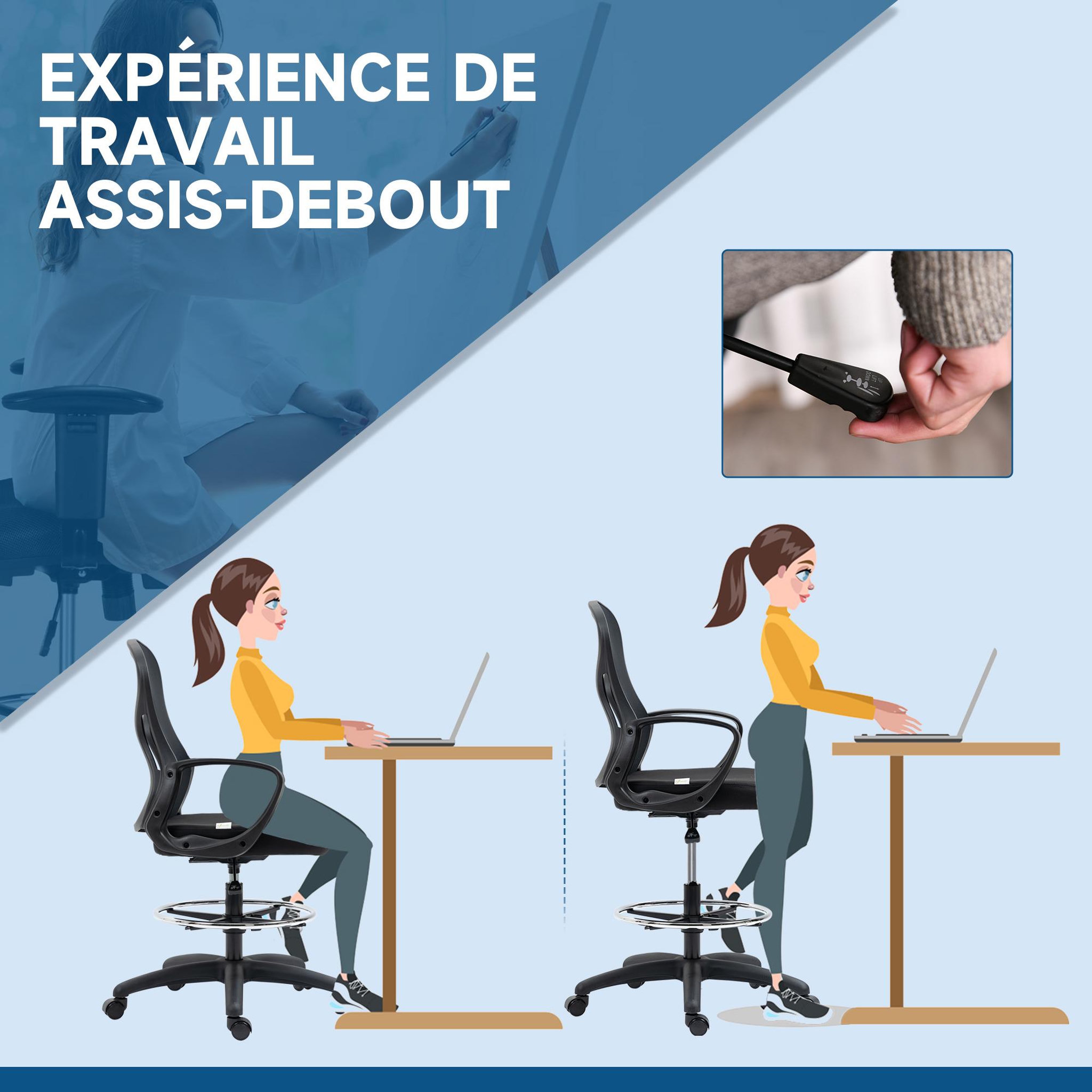 Voir la diapositive 5 : VINSETTO Fauteuil de bureau chaise de bureau assise haute réglable dim. 59L x 65l x 109-124H cm pivotant 360° maille respirante noir