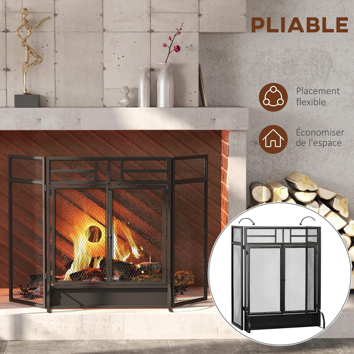 HOMCOM Pare-feu large pour cheminée ou poêle - pare-étincelles - 3 volets pliables et double porte - métal noir