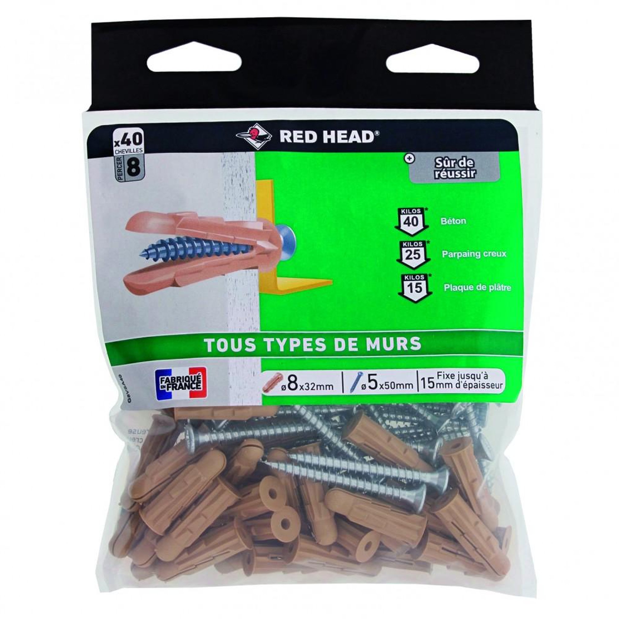 RED HEAD Lot de 40 chevilles et vis à expansion ou à verrouillage de forme grapex G8VSA40