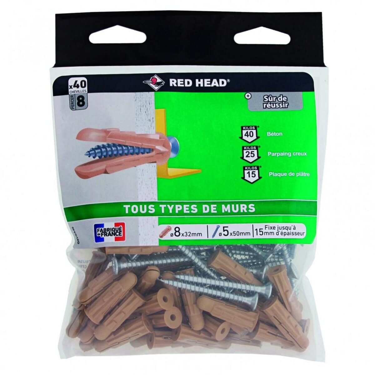 RED HEAD Lot de 40 chevilles et vis à expansion ou à verrouillage de forme grapex G8VSA40