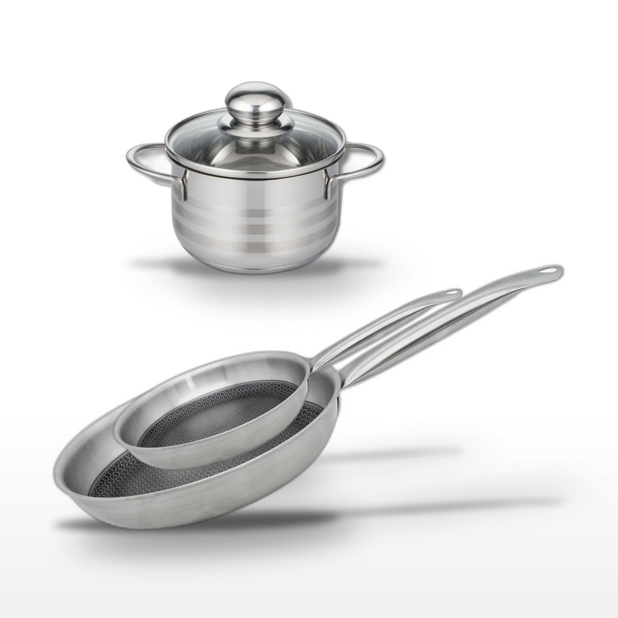ELO Batterie de cuisine avec 2 poêles 24/28 cm et 1 faitout 16 cm en inox sans pfas elo collection relief solution brillant