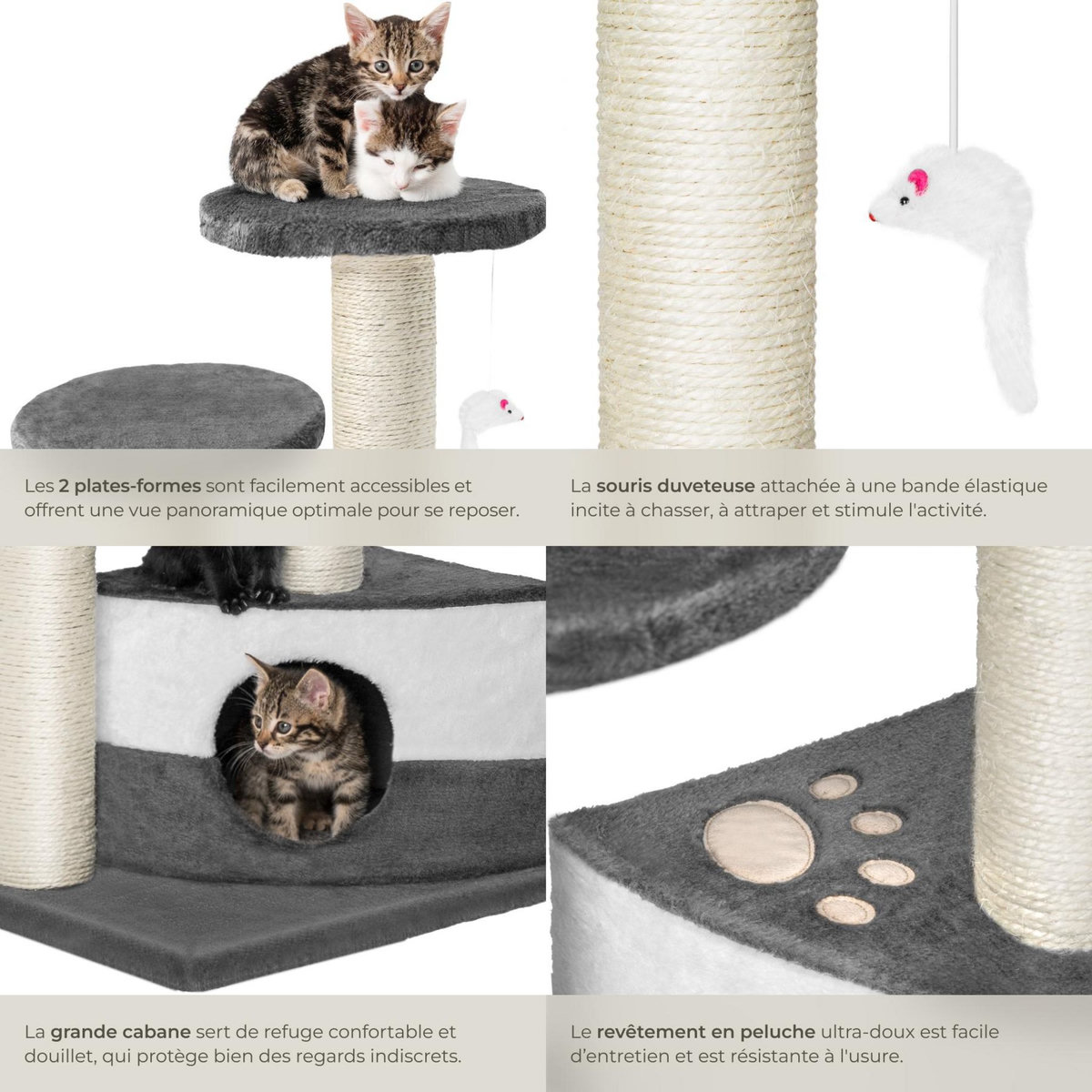 tectake Arbre à chat 71 cm avec griffoir et plateforme d'escalade gris/blanc