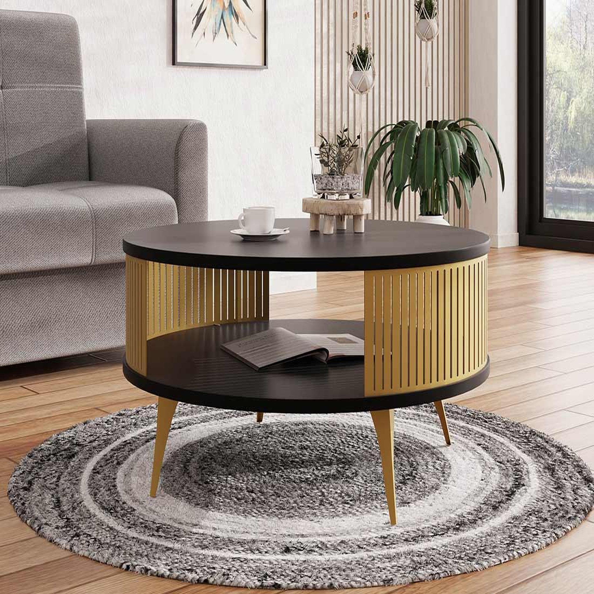 Voir la diapositive 3 : BEST MOBILIER Forini - table basse ronde - noir et doré - 1 niche - 75 cm