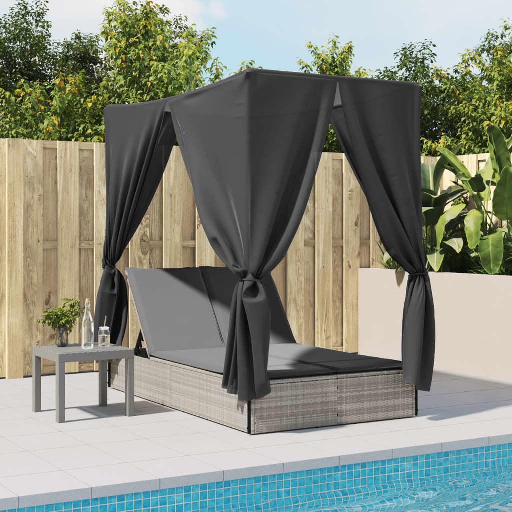 Voir la diapositive 3 : VIDAXL Chaise longue double avec toit et rideaux gris clair poly rotin