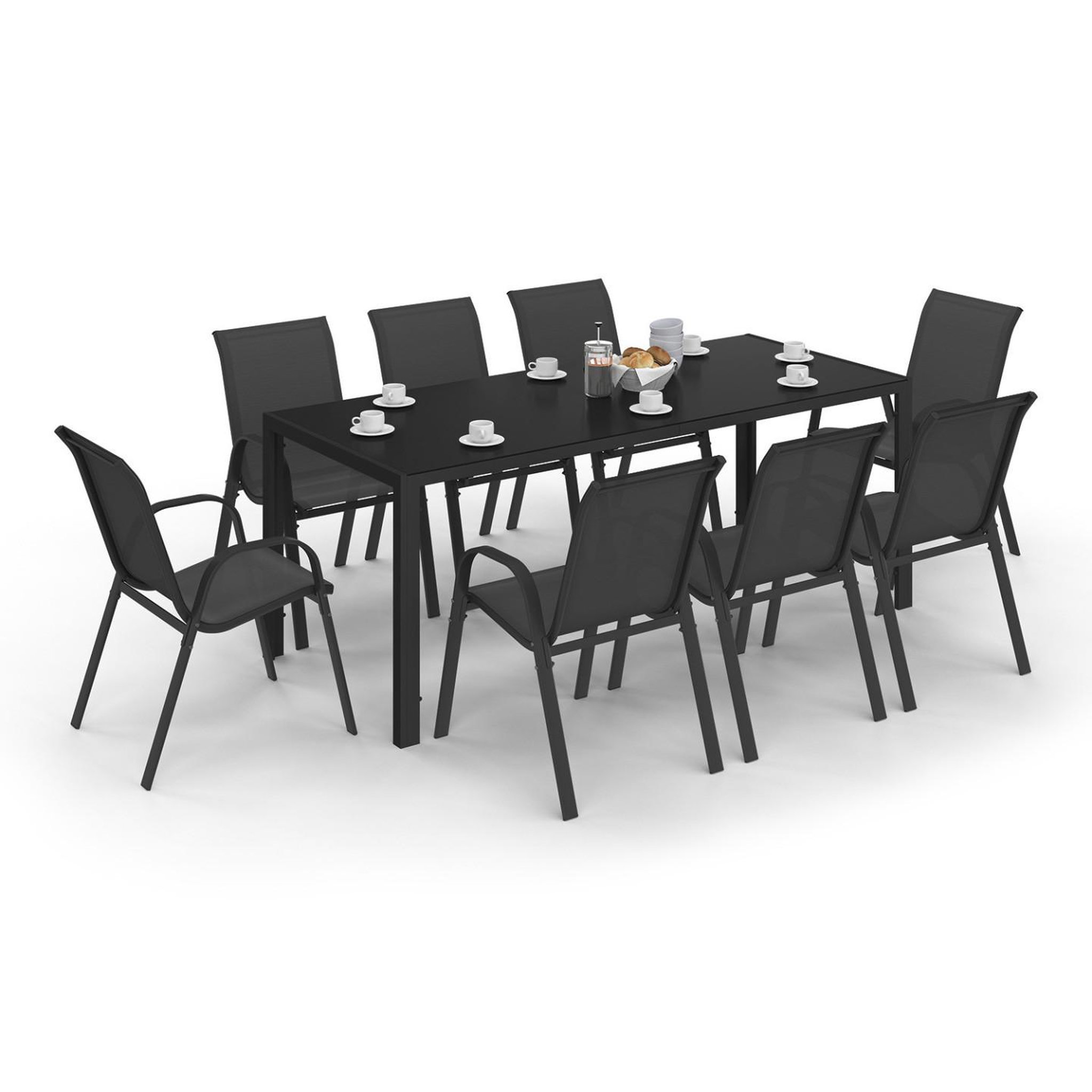 ID MARKET Salon de jardin madrid table 190 cm et 8 chaises empilables noires