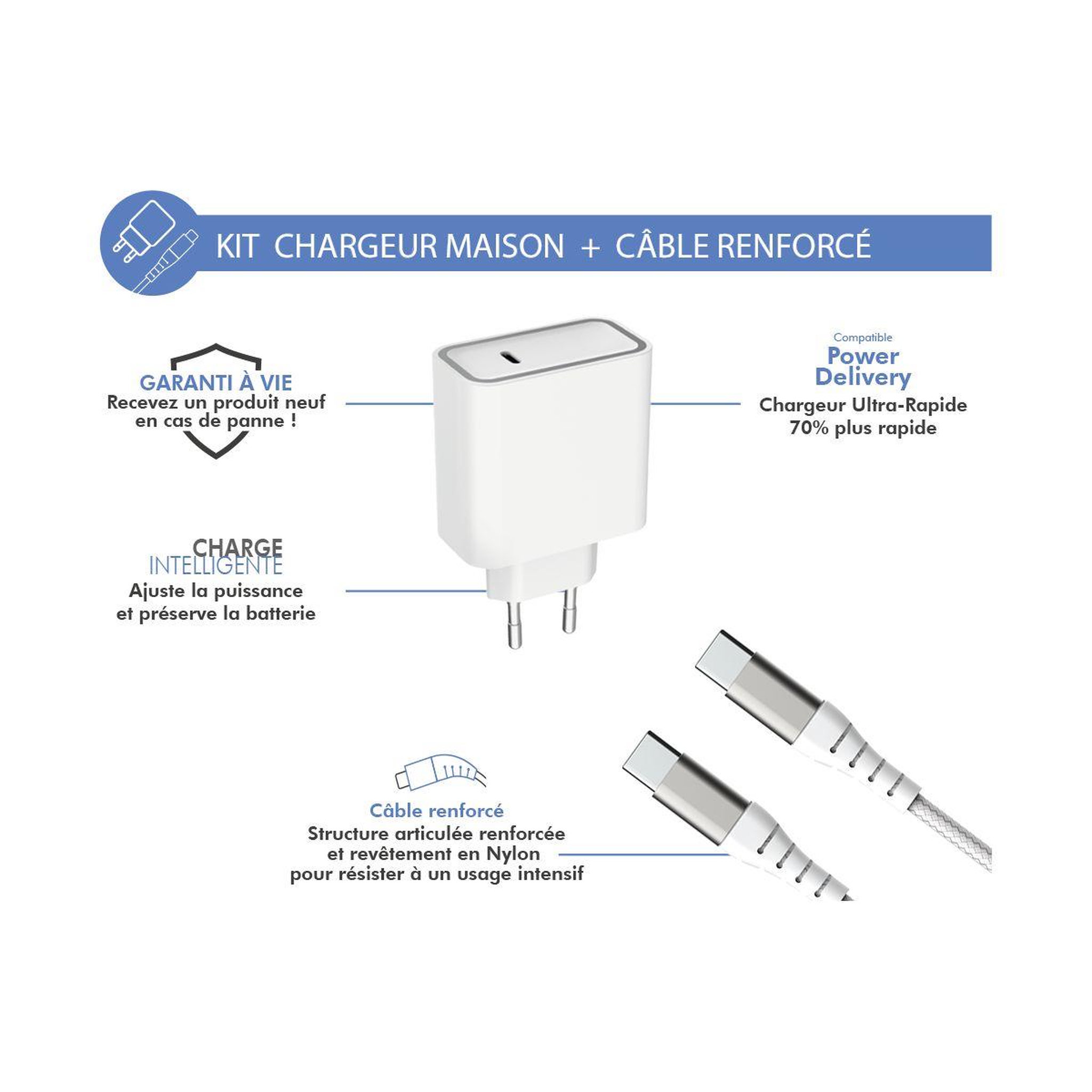 Voir la diapositive 2 : FORCE POWER Chargeur secteur 65W 5A USB-C+cable USB-C/USB-C 2M Blanc