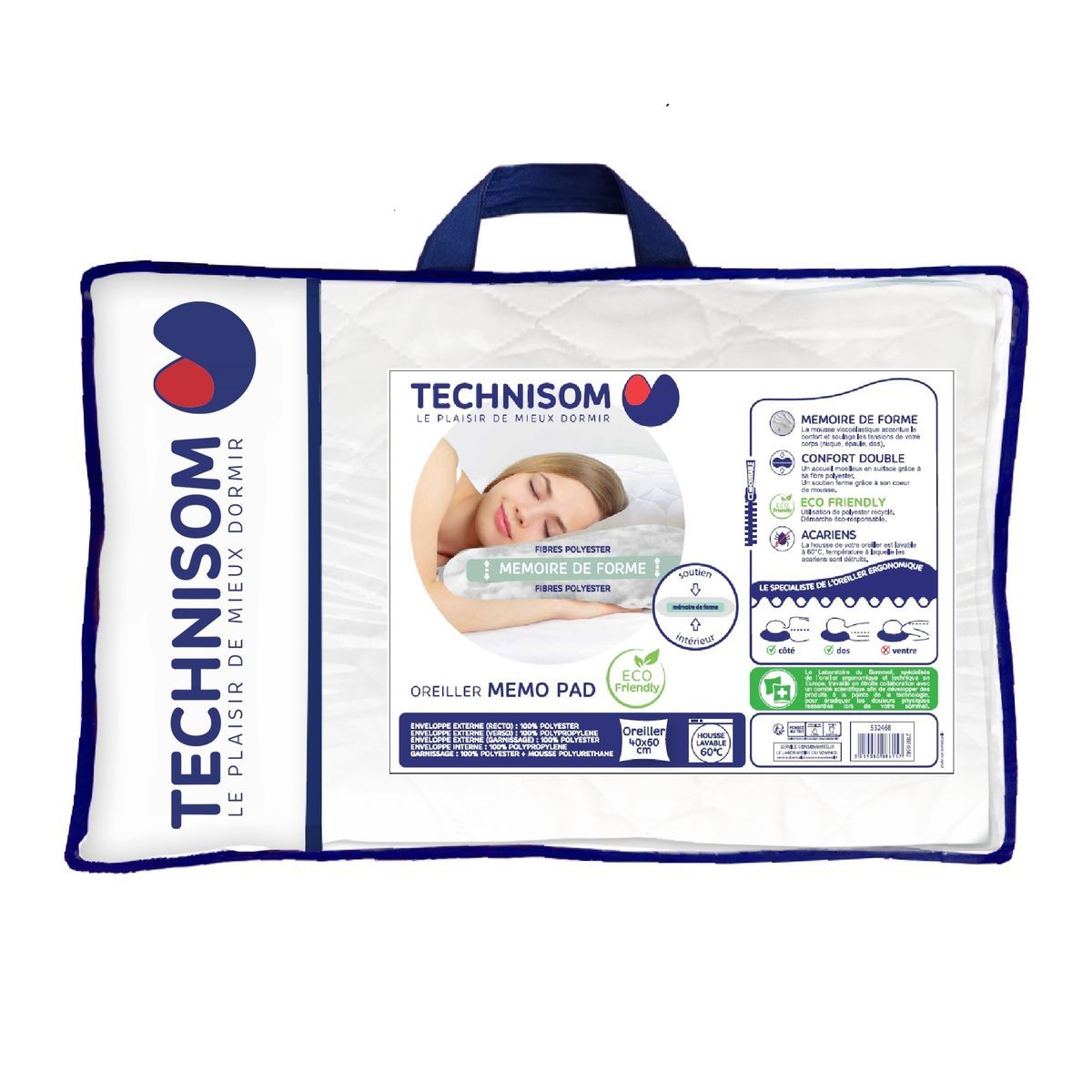 TECHNISOM Oreiller Mémoire de Forme MEMO PAD ECOFRIENDLY