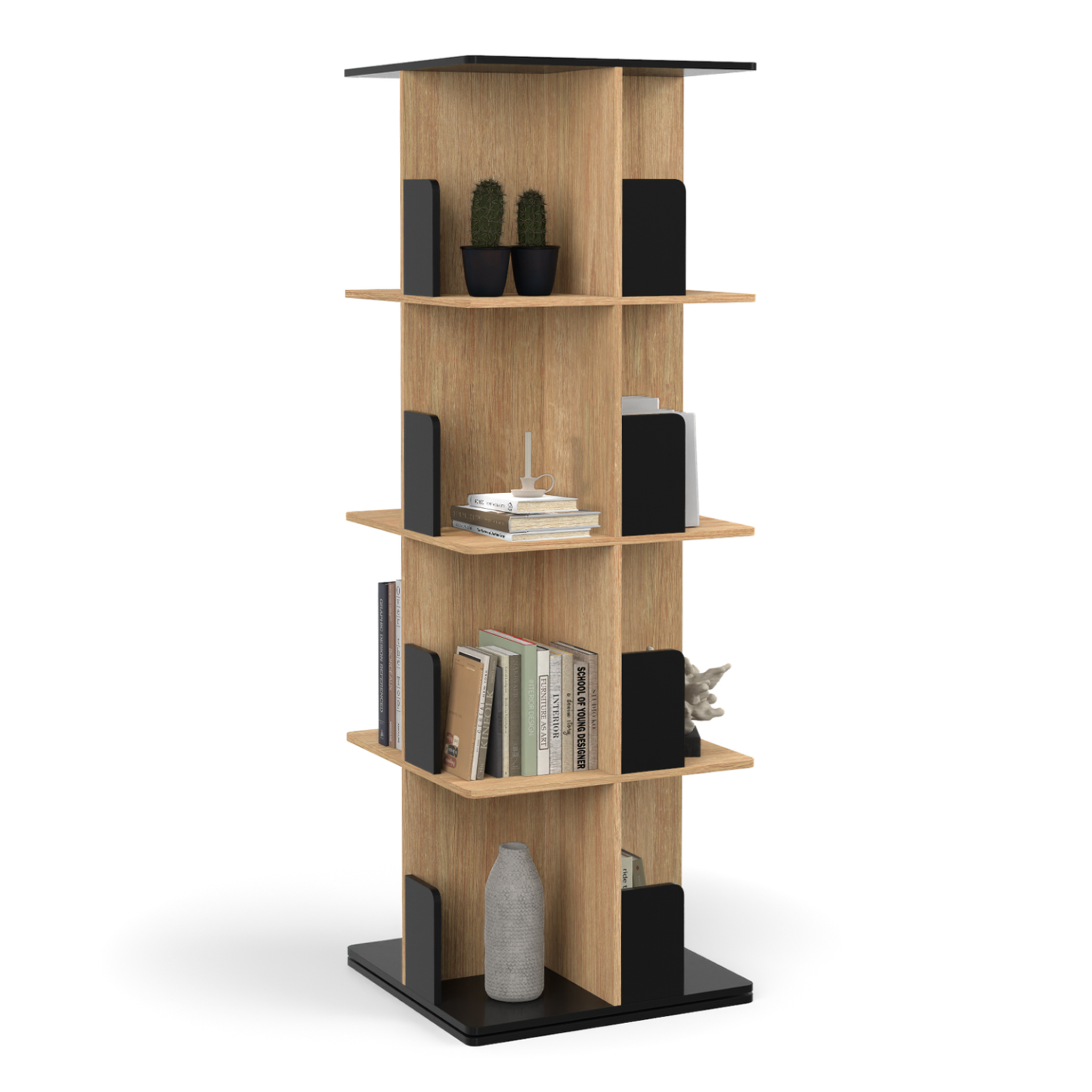ID MARKET Etagère bibliothèque rotative 4 niveaux RAPHA noir et effet bois