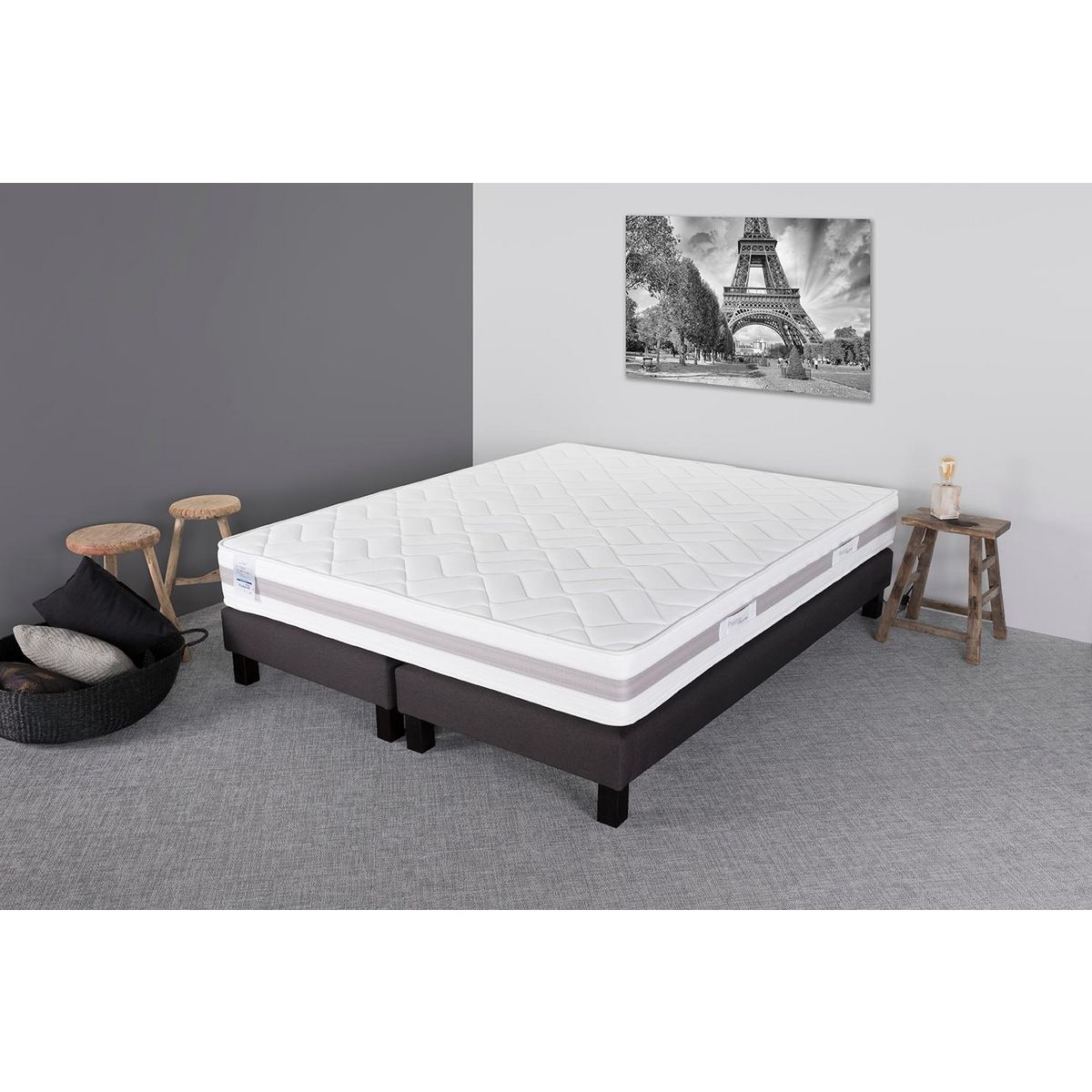 PRESTIGE Collection Ensemble matelas ressorts MORPHEE  + sommier déco gris 180x200 cm 