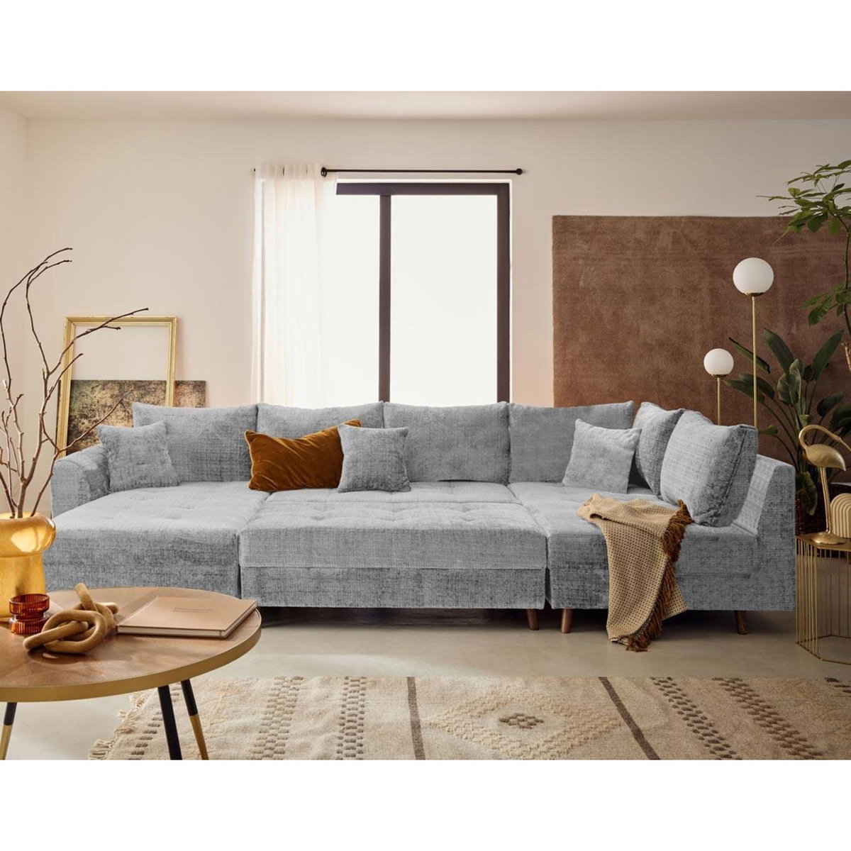 LISA DESIGN Rune - canapé panoramique d'angle droit 7 places en velours texturé