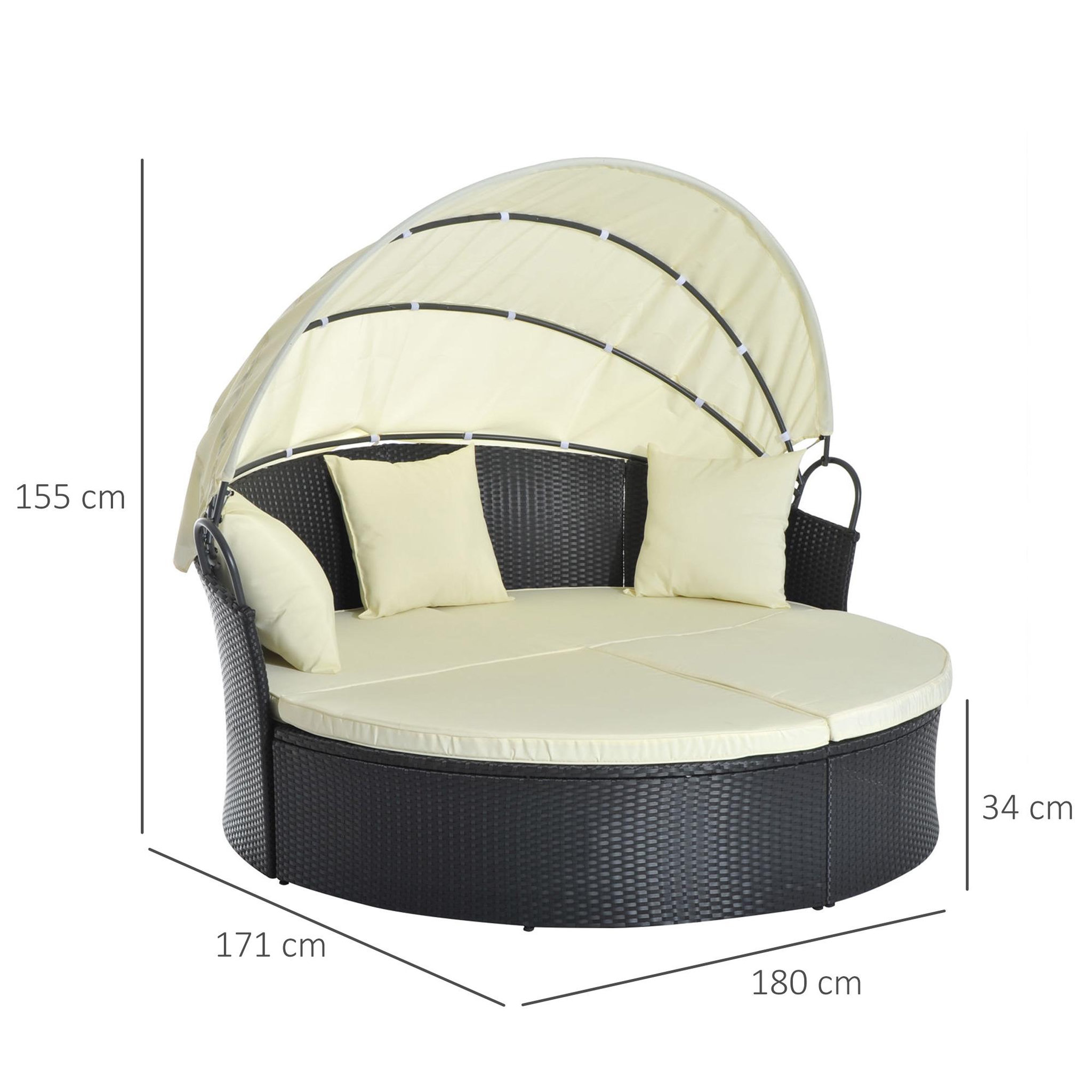 Voir la diapositive 3 : OUTSUNNY Lit canapé de jardin modulable pare-soleil pliable 4 coussins 3 oreillers résine tressée tissu noir beige