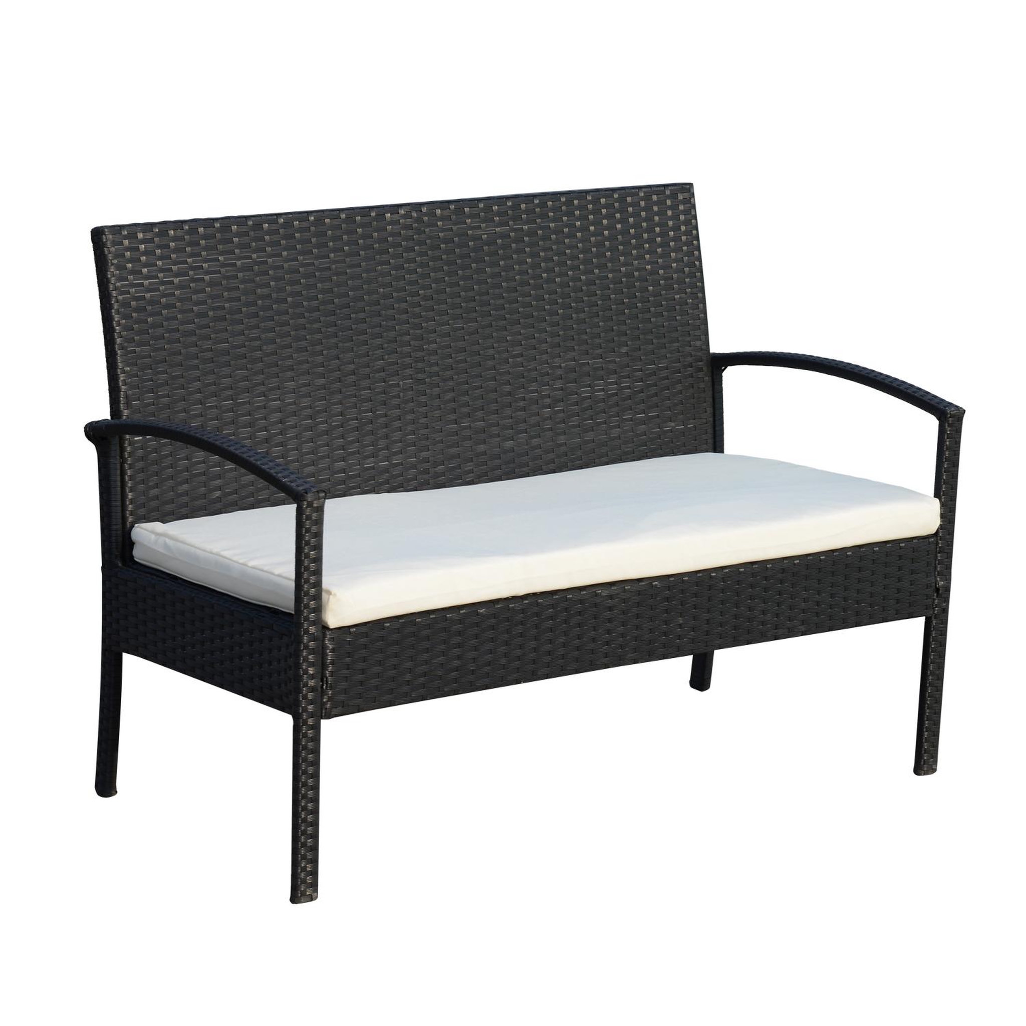 Voir la diapositive 5 : OUTSUNNY Outsunny Ensemble salon de jardin 4 places : canapé, 2 fauteuils et table basse plateau verre trempé résine tressée 4 fils  imitation rotin noir coussins blanc