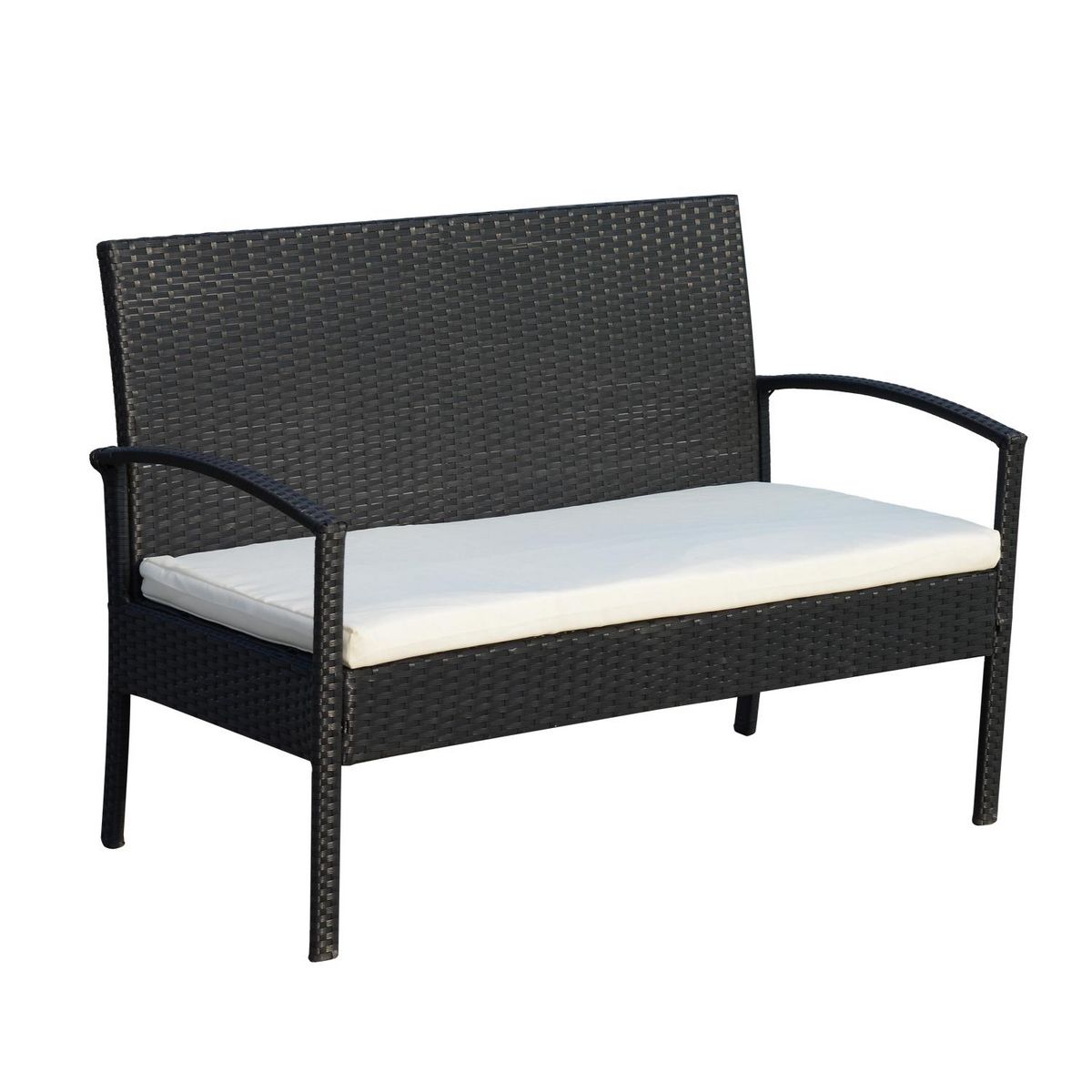 OUTSUNNY Outsunny Ensemble salon de jardin 4 places : canapé, 2 fauteuils et table basse plateau verre trempé résine tressée 4 fils  imitation rotin noir coussins blanc
