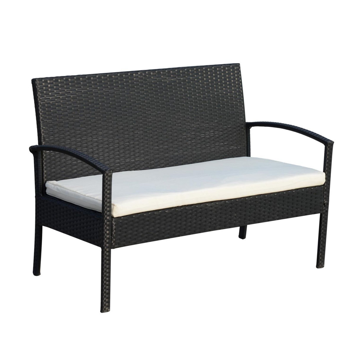 OUTSUNNY Outsunny Ensemble salon de jardin 4 places : canapé, 2 fauteuils et table basse plateau verre trempé résine tressée 4 fils  imitation rotin noir coussins blanc