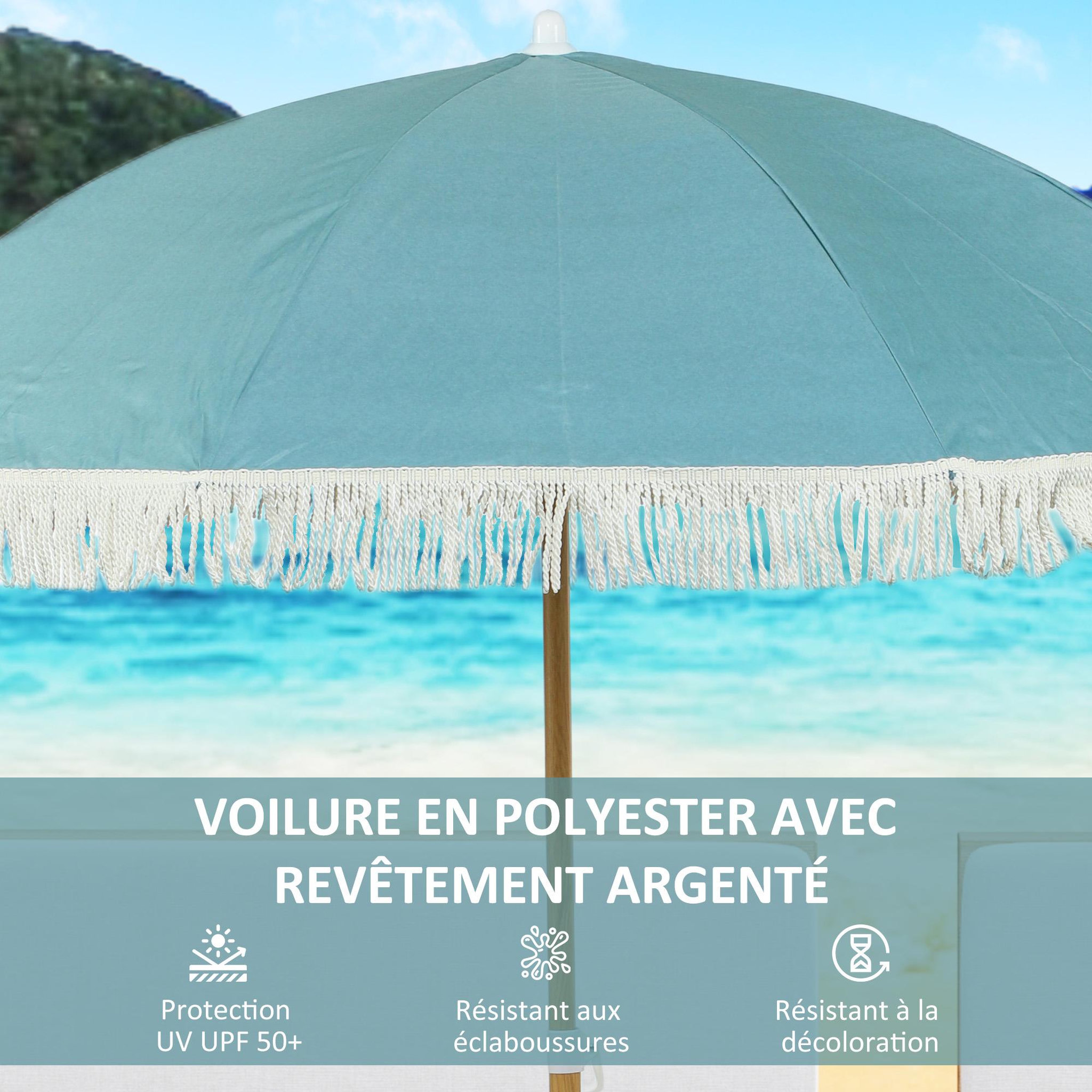 Voir la diapositive 4 : OUTSUNNY Parasol de plage design à franges dia. 1,7 m H. réglable mât effet bois tissu UPF50+ sac transport bleu