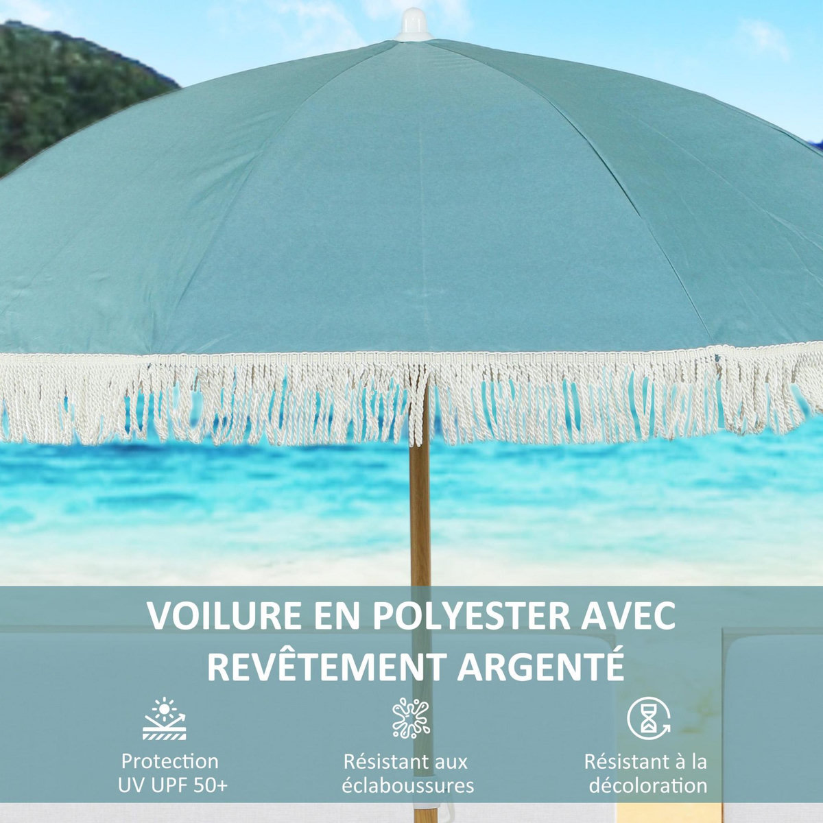 OUTSUNNY Parasol de plage design à franges dia. 1,7 m H. réglable mât effet bois tissu UPF50+ sac transport bleu