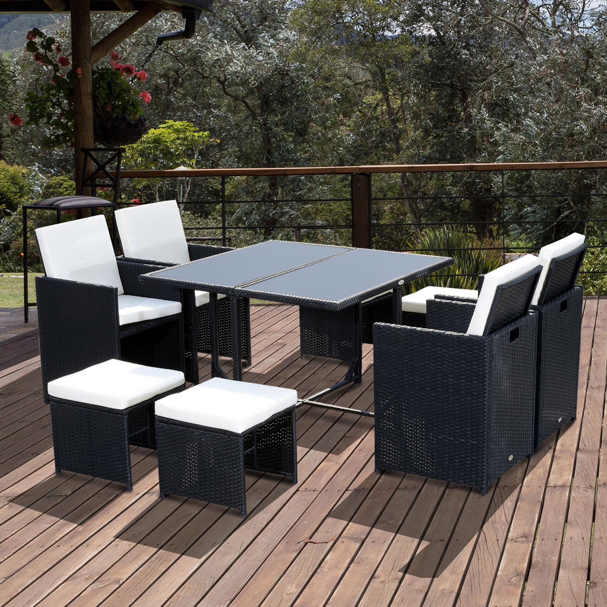 Voir la diapositive 2 : OUTSUNNY Ensemble salon de jardin encastrable 8 personnes 9 pièces résine tressée 4 fils imitation rotin noir coussins déhoussables crème