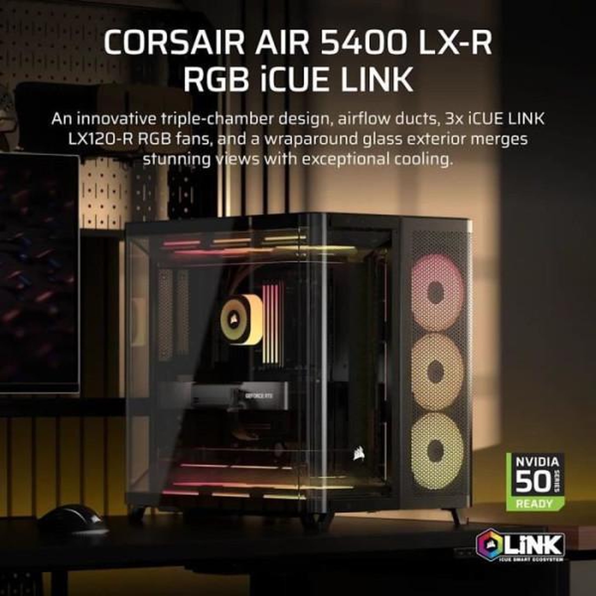 Voir la diapositive 2 : Corsair Boitier pc - corsair - air 5400 lx-r link tempered glass mid-tower - ventilateurs rgb a rotor inversé - noir