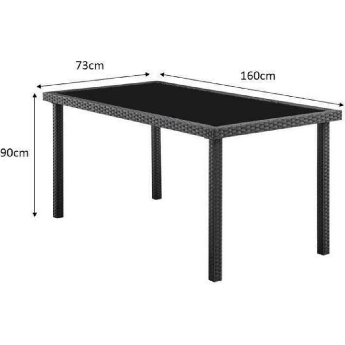 MARKET24 Ensemble repas de jardin - plateau en verre trempé et 6 chaises en résine tressée noir - Table 160x80x73 cm - Chaise : 44x54x