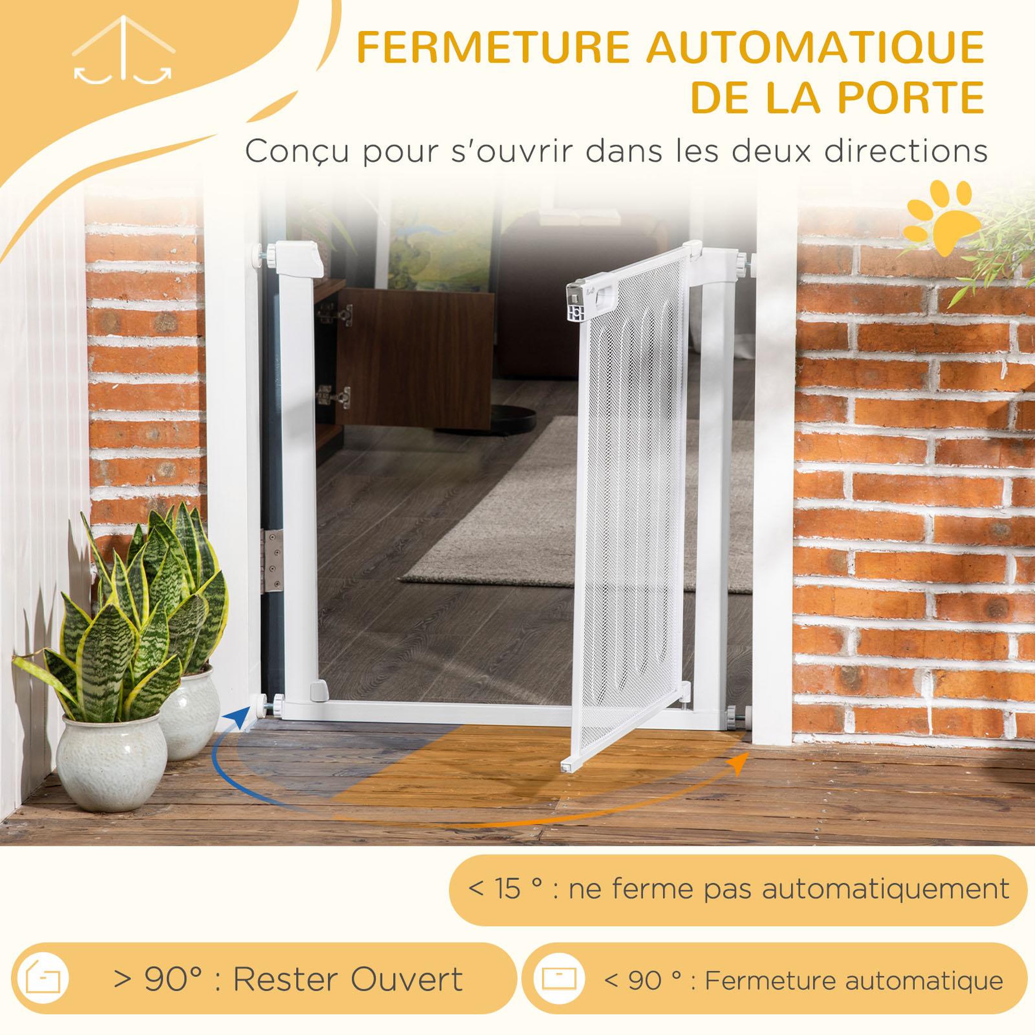 Voir la diapositive 6 : PAWHUT Barrière de sécurité animaux - longueur réglable dim. 75-82 cm - porte double verrouillage, ouverture double sens -sans perçage - acier abs blanc