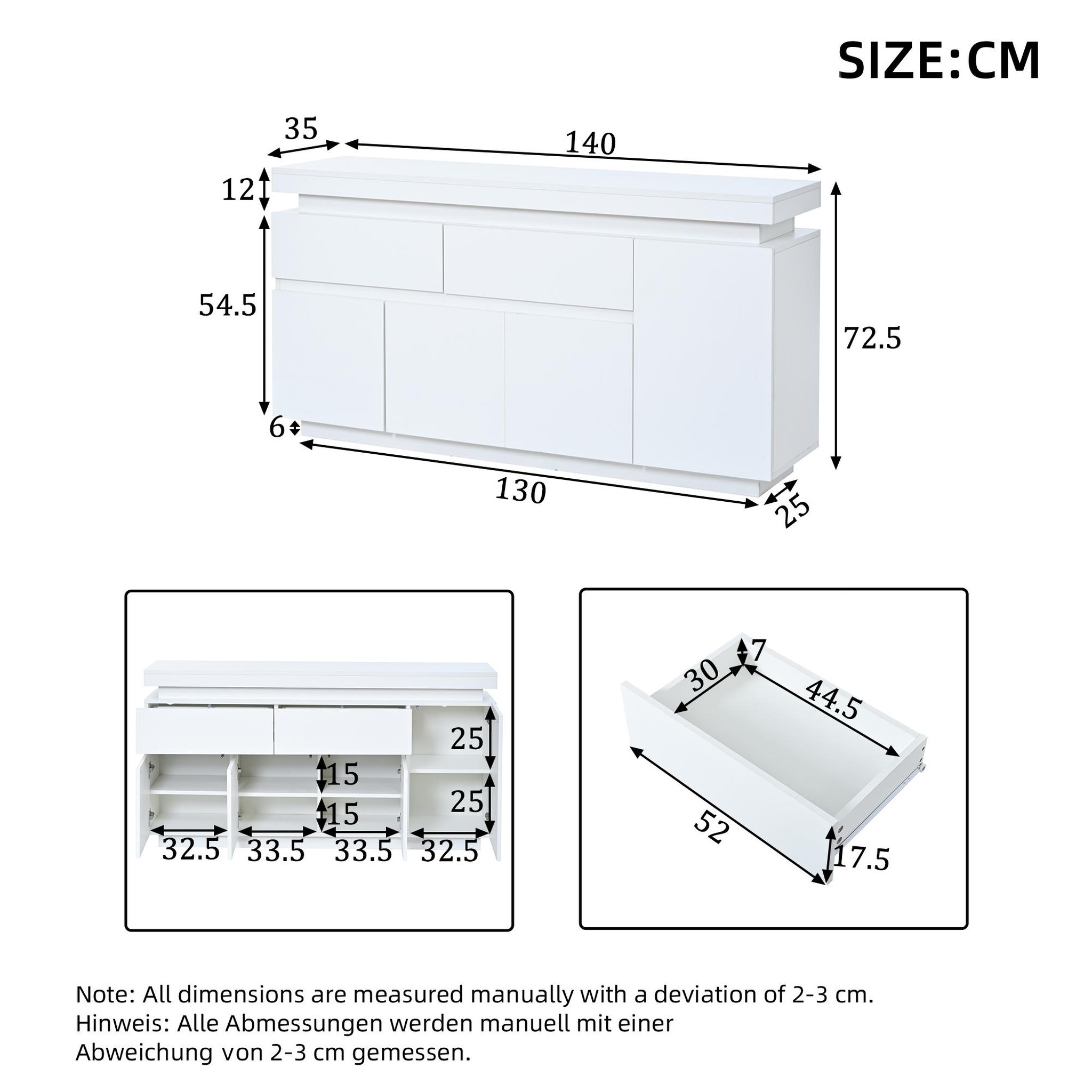Voir la diapositive 3 : MERAX Buffet 4 porte(s) 2 tiroir(s) - 140 cm blanc led panneau de particules