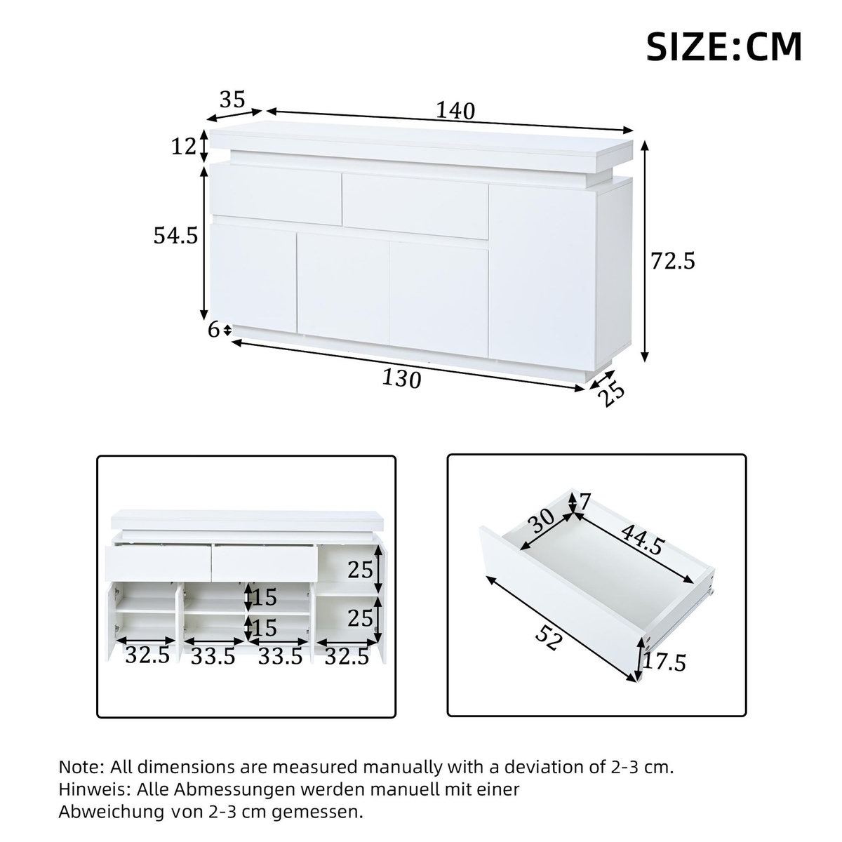 MERAX Buffet 4 porte(s) 2 tiroir(s) - 140 cm blanc led panneau de particules