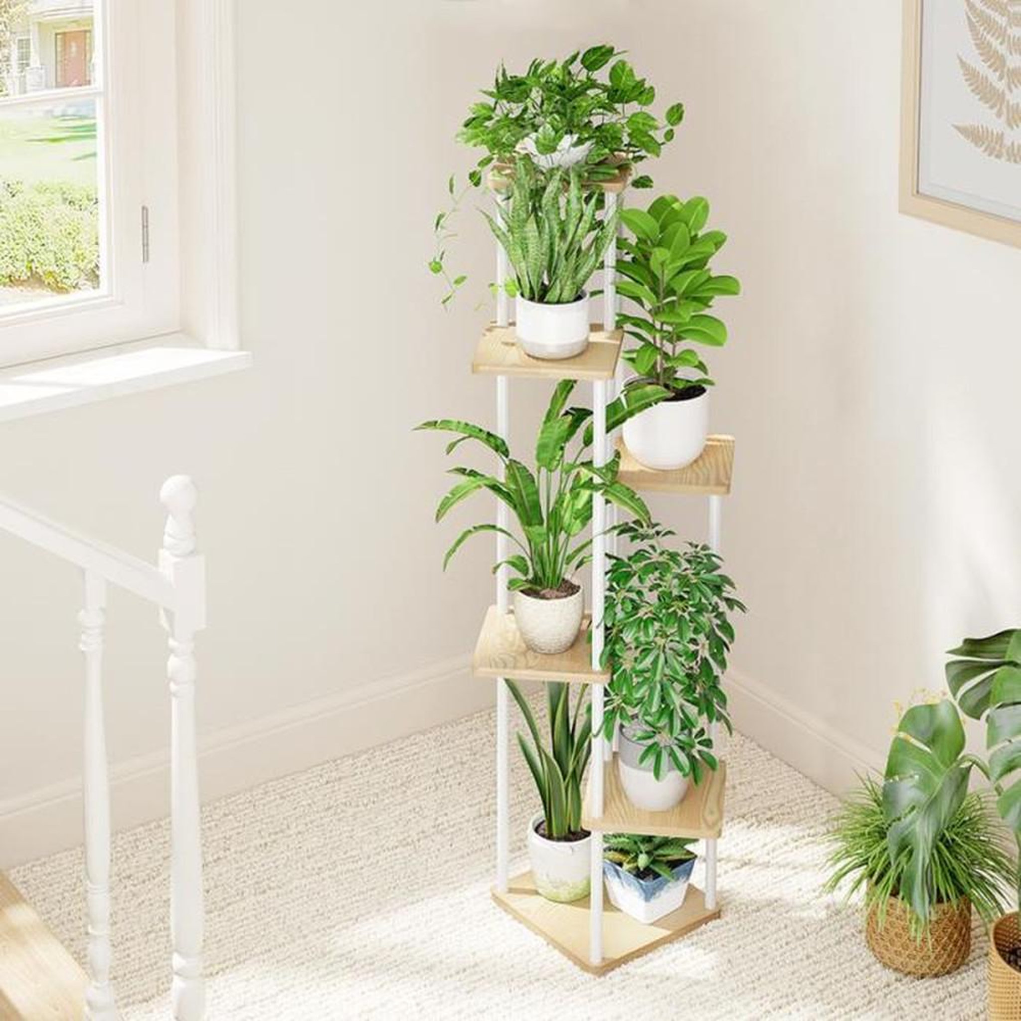 Voir la diapositive 4 : Présentoir à plantes 6 niveaux cadre métal blanc et étagères en bois 59,9 x 30 x 130 cm