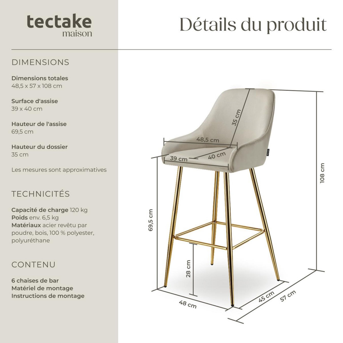 tectake Tabouret de bar en aspect velours rembourré crème/or Ensemble de 6