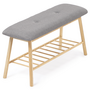 Voir la diapositive 1 : ID MARKET Banc d'entrée capitonné bambou RITA tissu gris clair