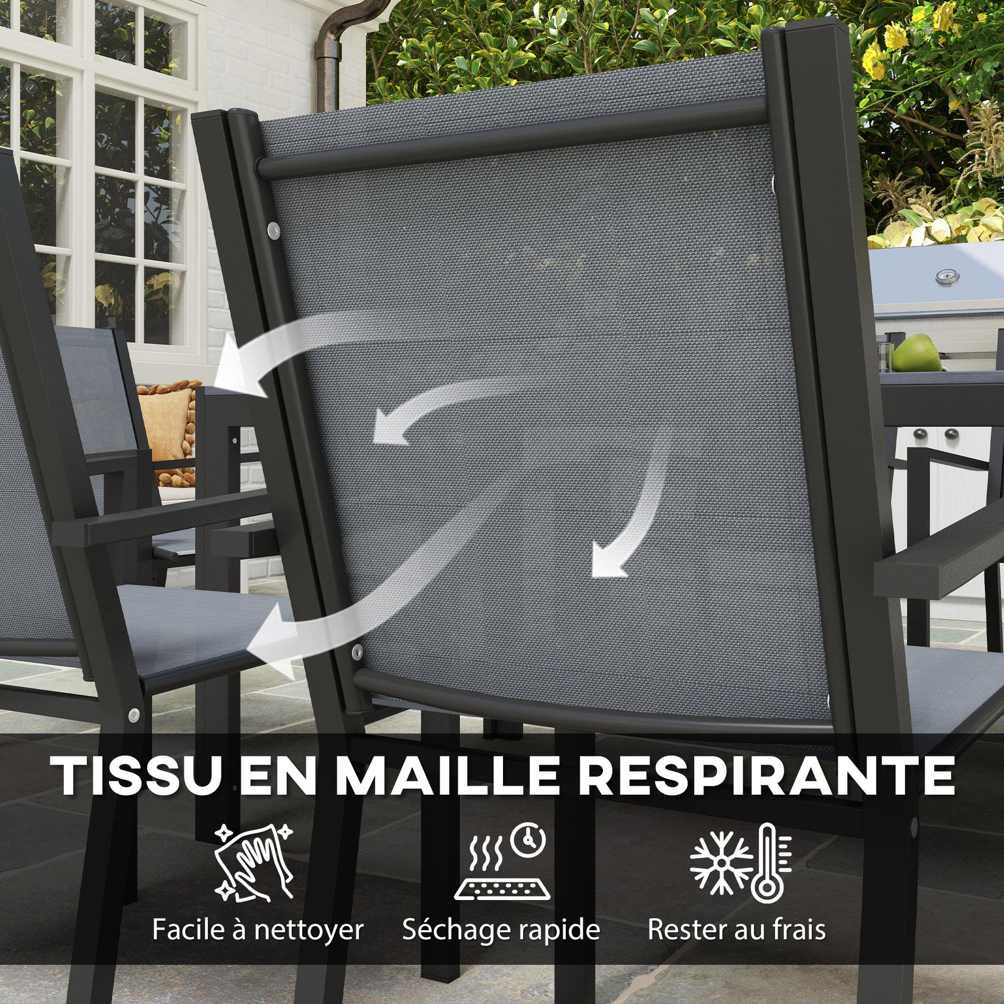 Voir la diapositive 6 : OUTSUNNY Ensemble salon de jardin repas - ensemble repas extérieur - 6 chaises empilables grande table effet bois - acier textilène gris