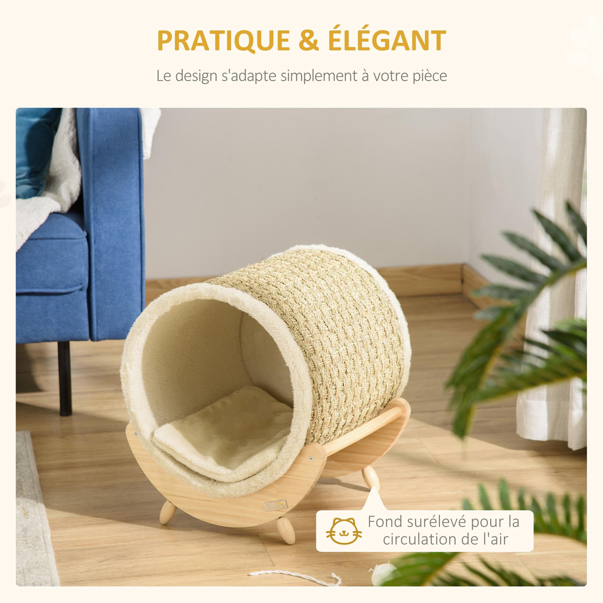 Voir la diapositive 6 : PAWHUT Maison pour chat design - niche chat panier chat - coussin, grattoir sisal jonc de mer naturel inclus - bois flanelle beige