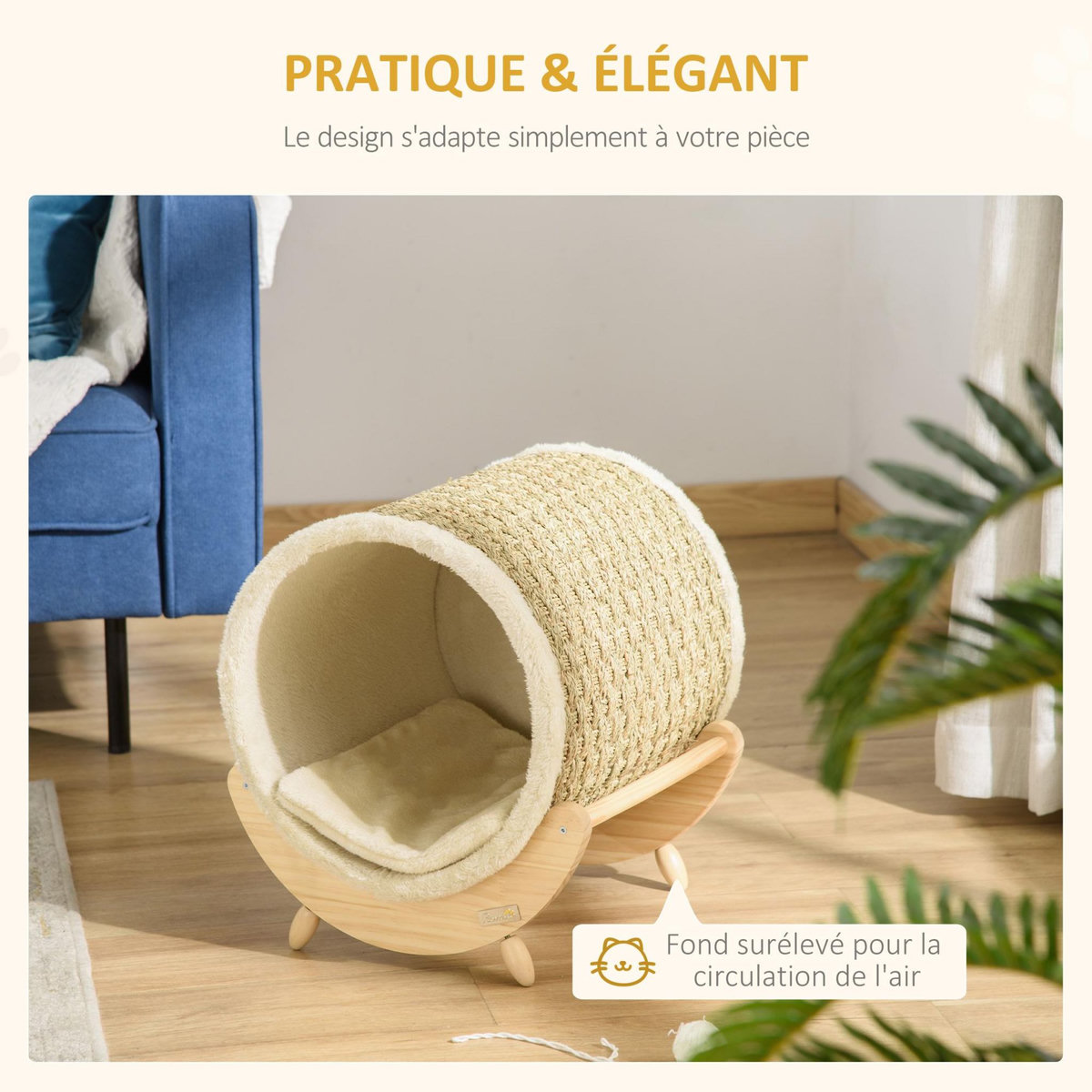 PAWHUT Maison pour chat design - niche chat panier chat - coussin, grattoir sisal jonc de mer naturel inclus - bois flanelle beige