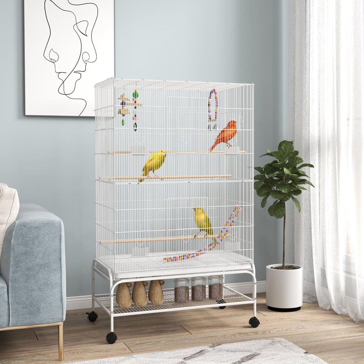 PAWHUT Cage à oiseaux sur roulettes - étagère, plateau déjection, 3 perchoirs, 4 mangeoirs, 2 portes, 8 trappes, accessoires - acier