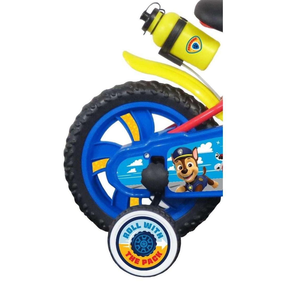 Nickelodeon Vélo enfant - Modèle 12'' Pat Patrouille + Casque pour enfant de 85/100 cm avec stabilisateurs à molettes - Plaque décorative avant - Porte bidon - 2 freins et roues a bâtons
