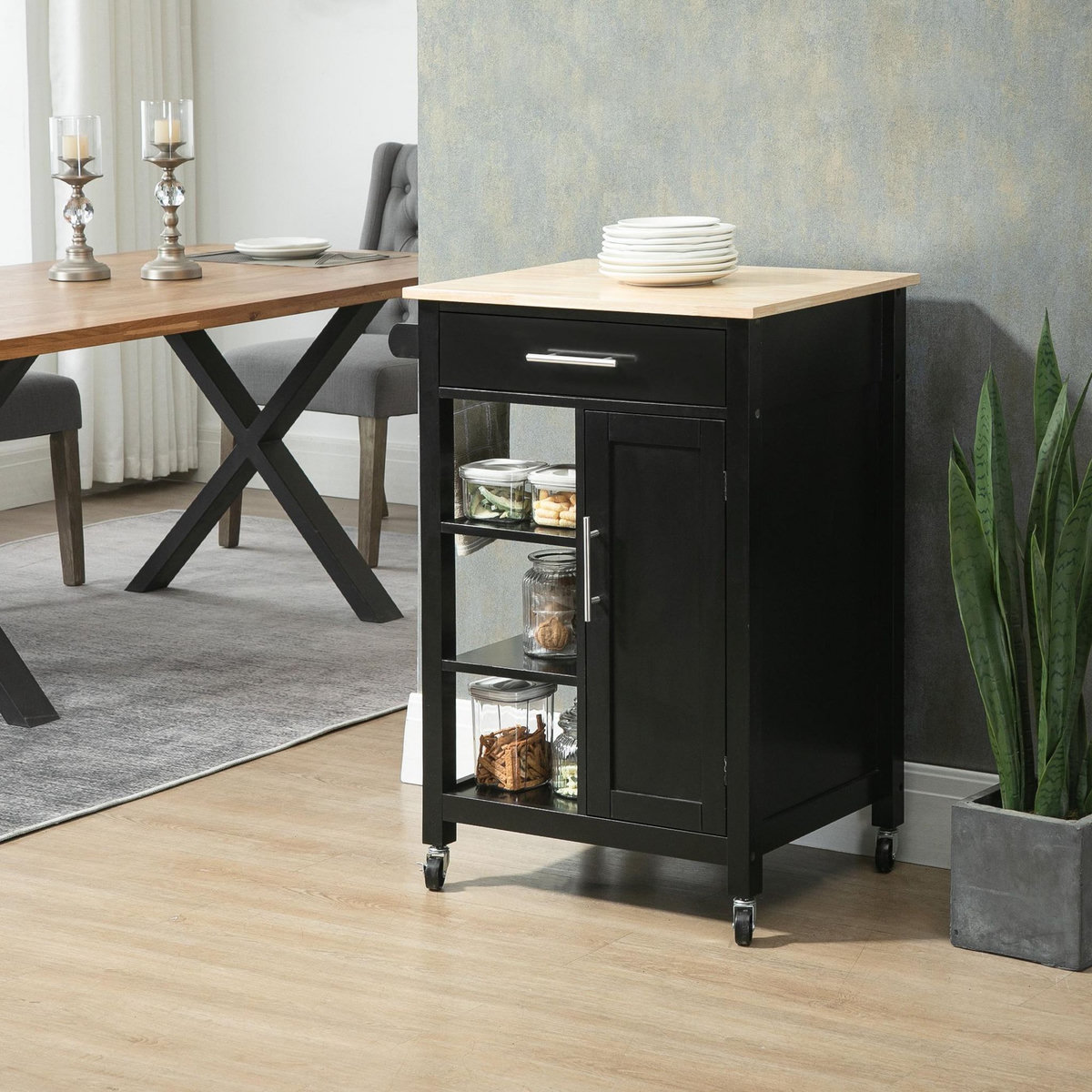 HOMCOM Desserte de cuisine style contemporain - porte, tiroir, 3 étagères - poignées métal MDF noir plateau bois hévéa