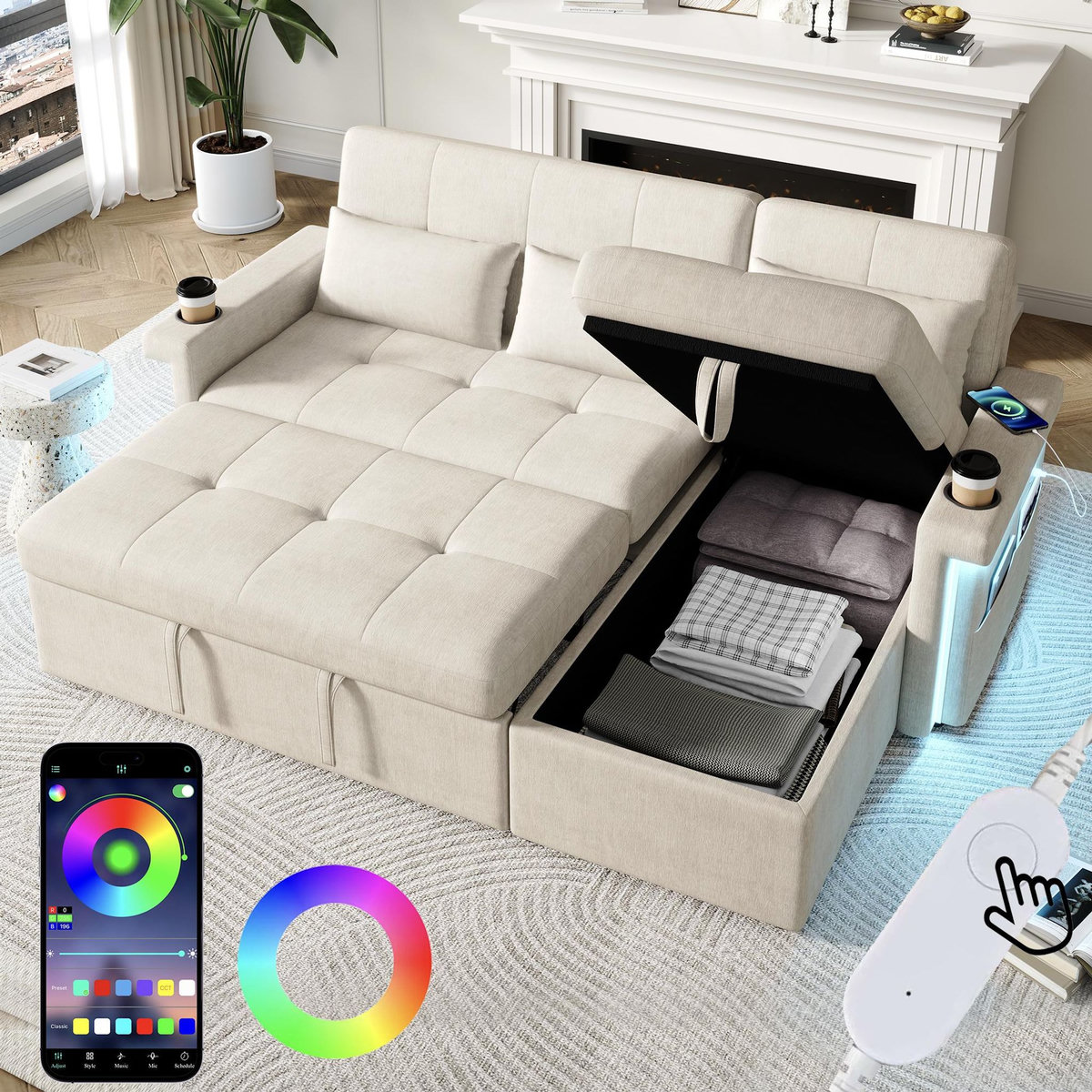 MERAX Canapé d'angle réversible convertible 3 places tissu led coffre de rangement