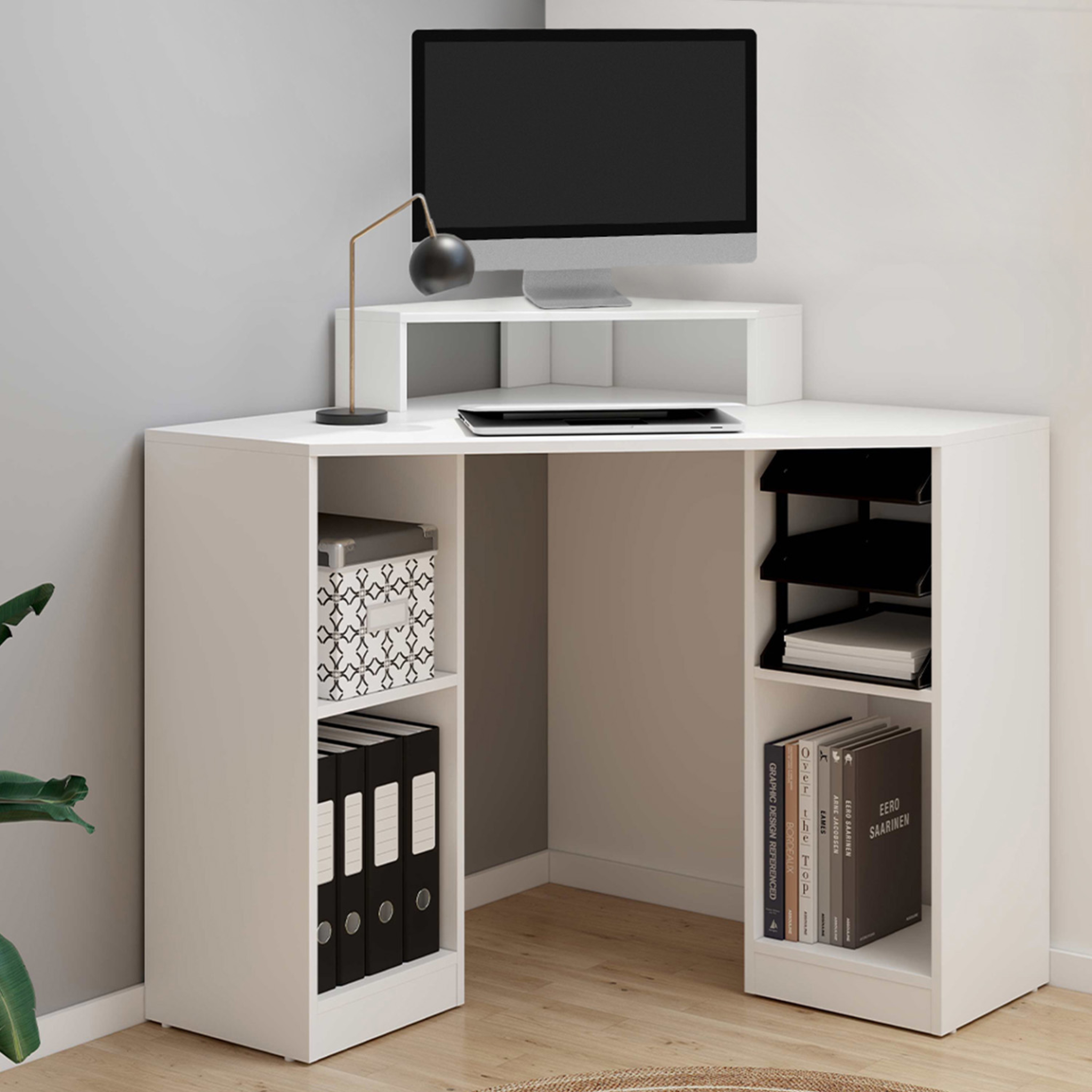 Voir la diapositive 2 : ID MARKET Bureau d'angle harry blanc gain de place bureau informatique avec rangements