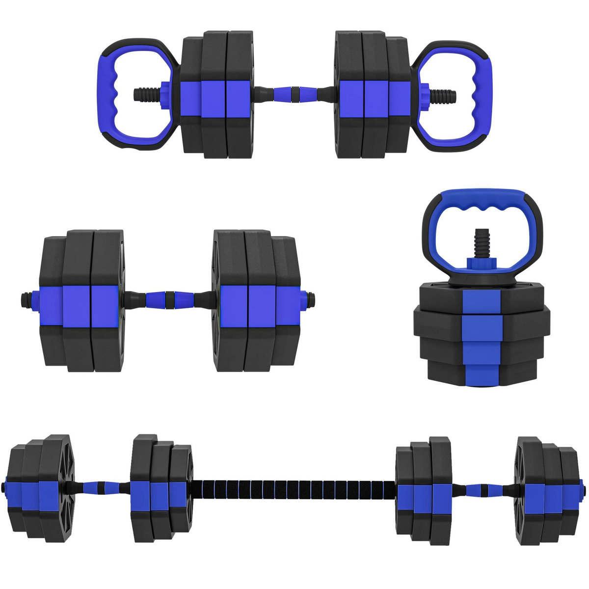 HOMCOM Ensemble d'haltères musculation multifonction 4 en 1 - haltères, kettlebell, push-up support, Olympic barre - total 25Kg - PVC bleu noir