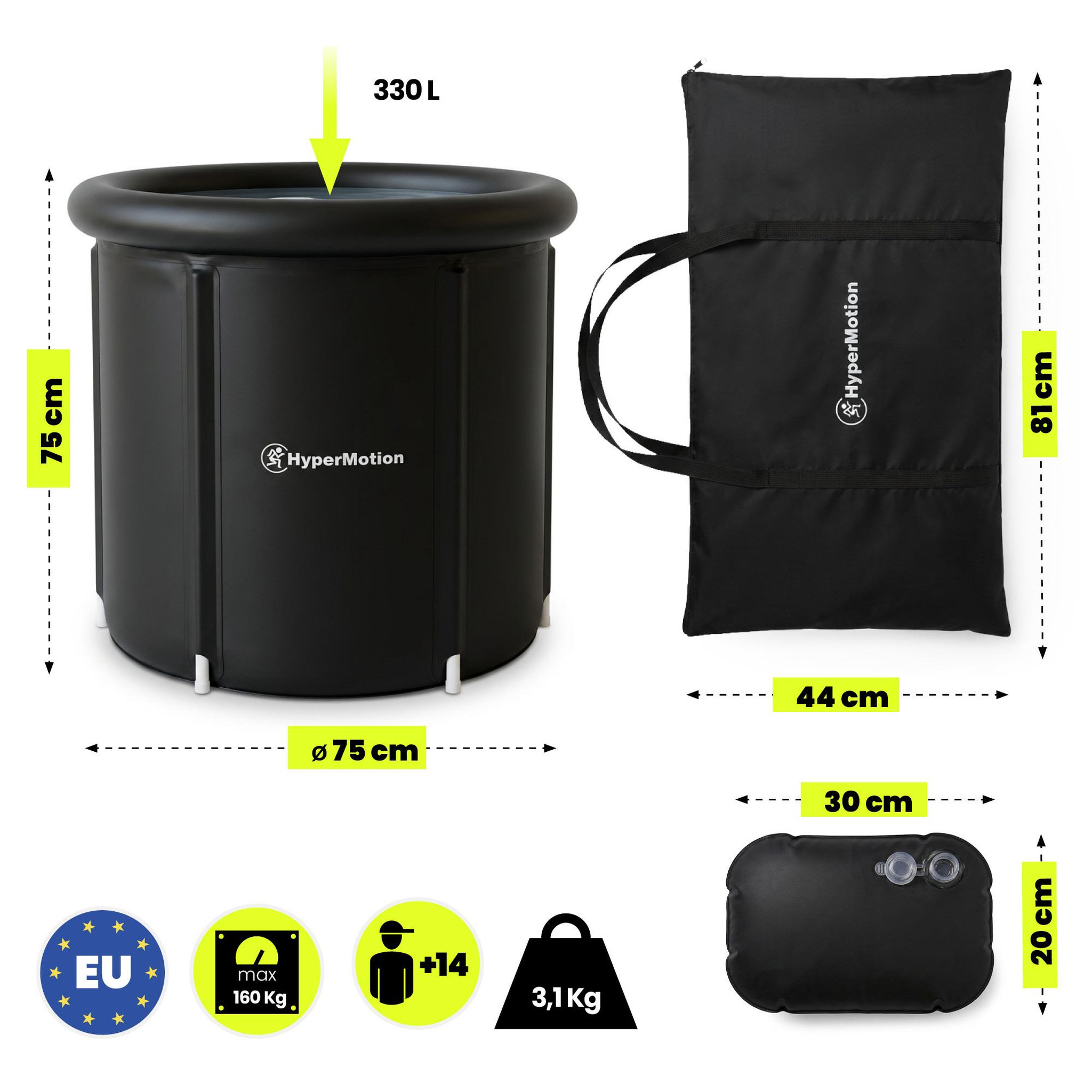 Voir la diapositive 3 : HYPERMOTION Bain de Glace Pliable pour Récupération Nylon et PVC 330 L Dim ø75x75cm Noir