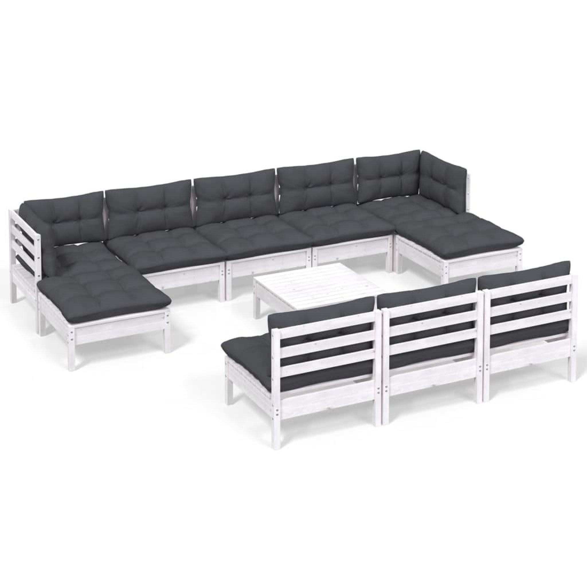 Voir la diapositive 2 : VIDAXL Salon de jardin 11 pcs avec coussins blanc bois de pin