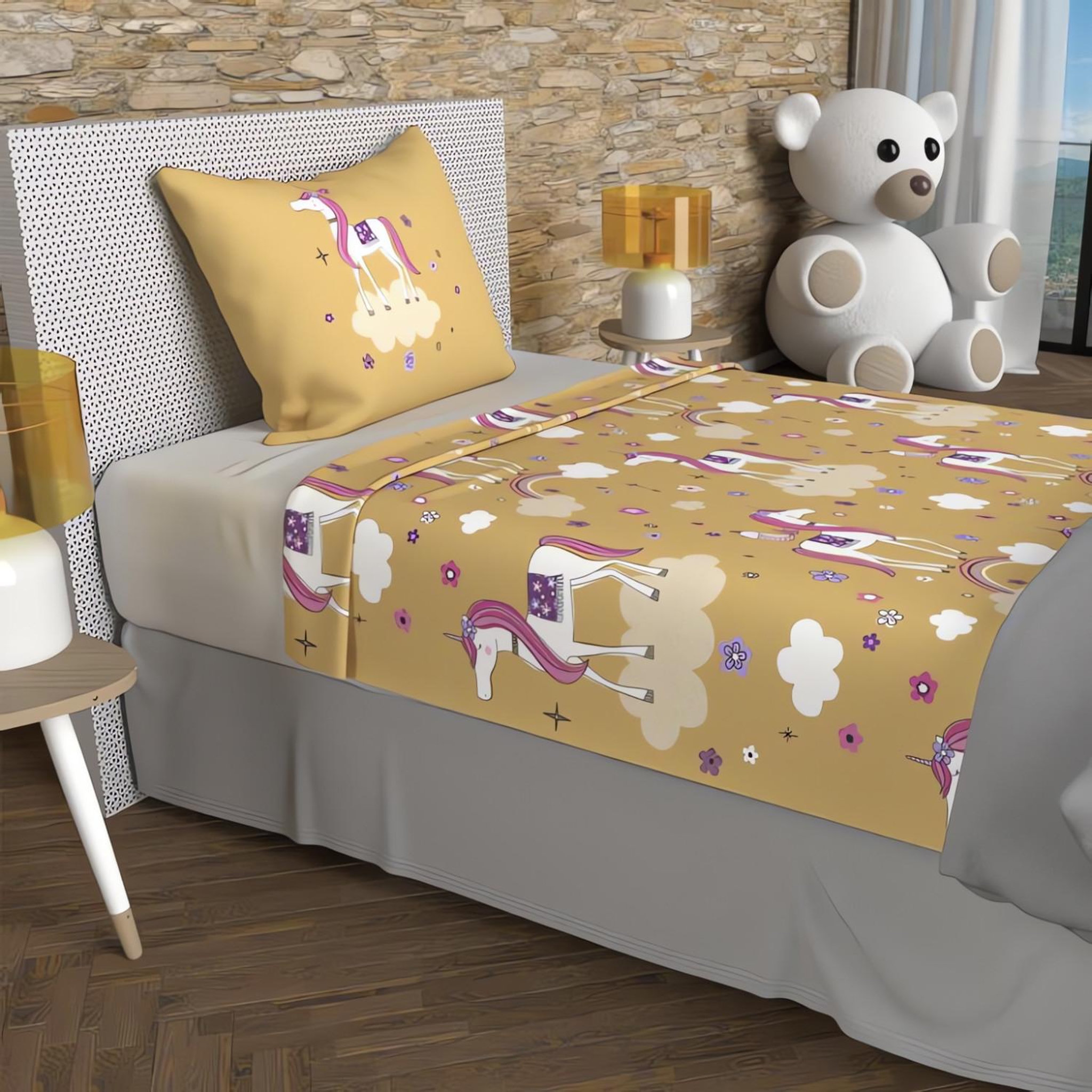 Voir la diapositive 1 : SOLEIL D'OCRE Parure de draps 180x290 cm LICORNES, 100% coton 57 fils/cm2, par Soleil d'Ocre