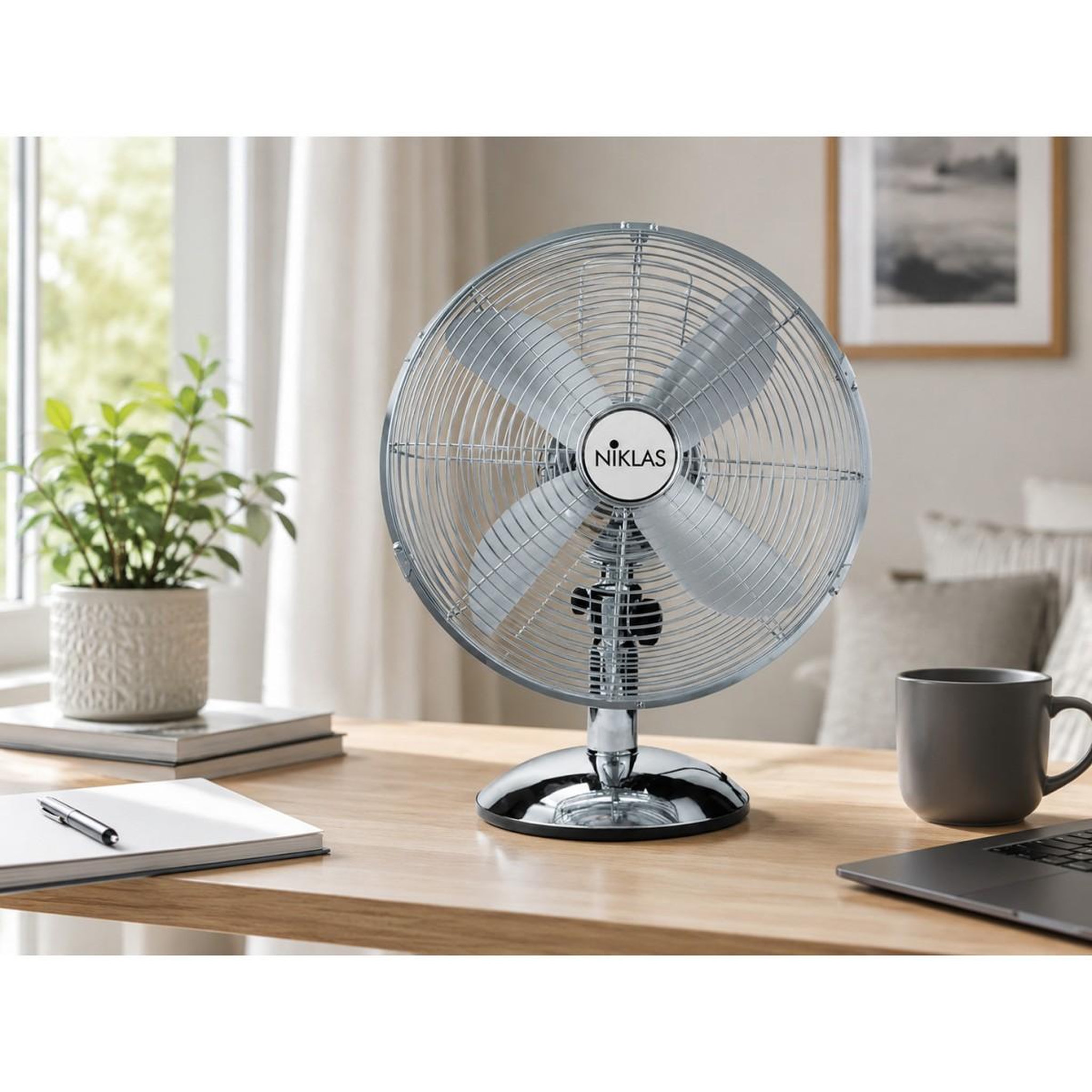 Voir la diapositive 4 : NIKLAS Ventilateur sur table 50w gris finition chromée ø40cm oscillation automatique inclinaison réglable 3 vitesses niklas