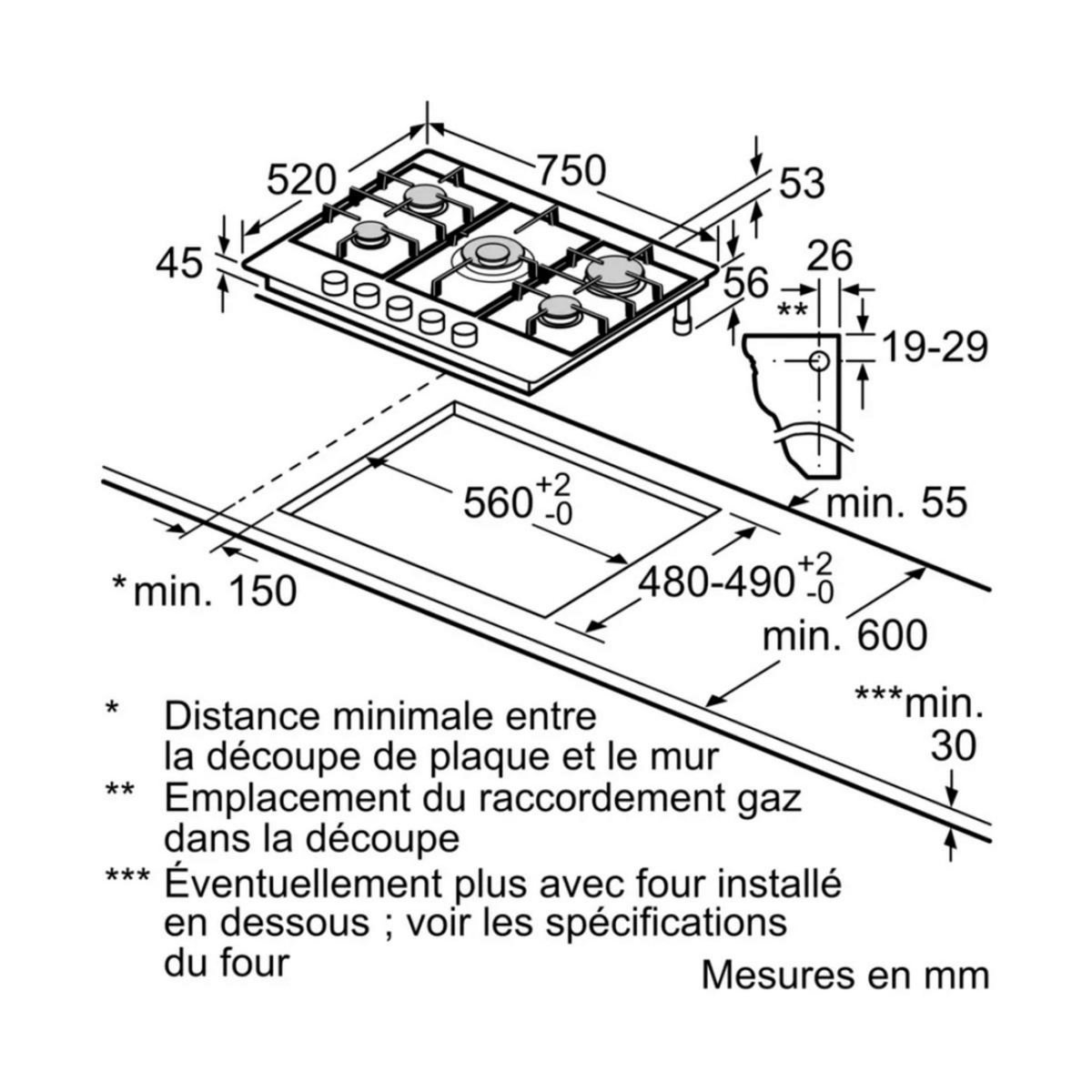 BOSCH Table de cuisson gaz 75cm 5 feux 10800w noir - PGQ7B5K90